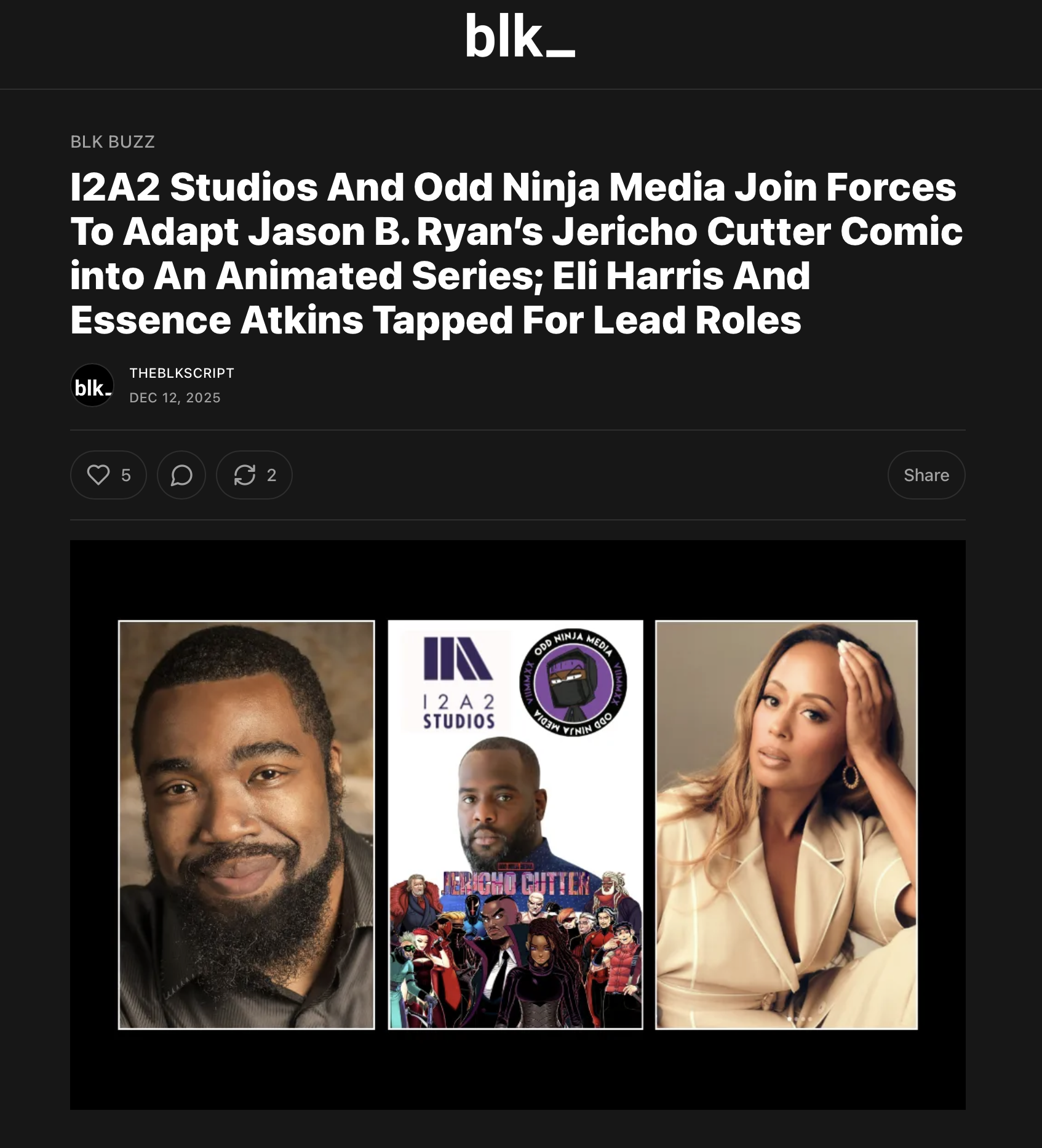 A digital article header with the title indicating a media collaboration involving 122A2 Studios and Odd Ninja Media to adapt Jason B. Ryan's Jericho Cutter comic into an animated series, featuring headshots of two individuals, a logo for 122A2 Studios, and an animated version of Jericho Cutter.