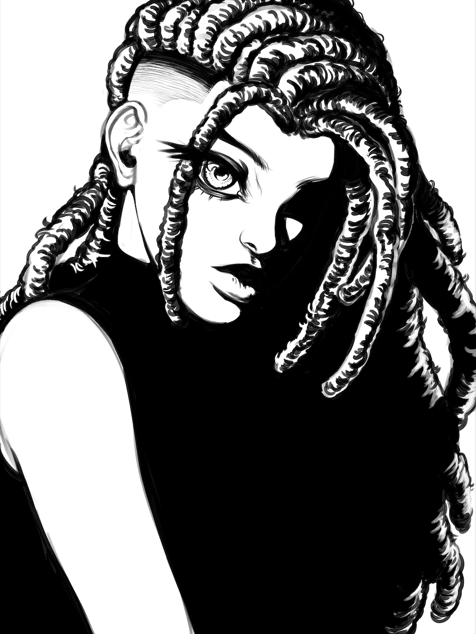 A black and white digital illustration of a woman with dreadlocks, partially covering one eye, wearing a sleeveless top.