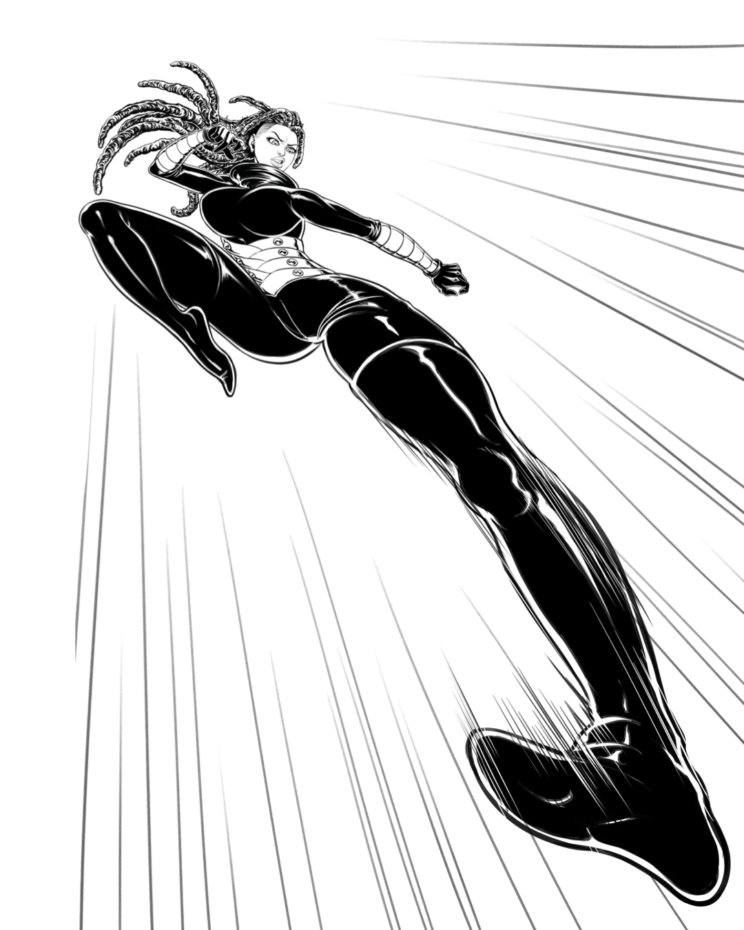 Black and white comic-style illustration of a female superhero in a dynamic flying pose, with her hair flowing back and a determined expression on her face.