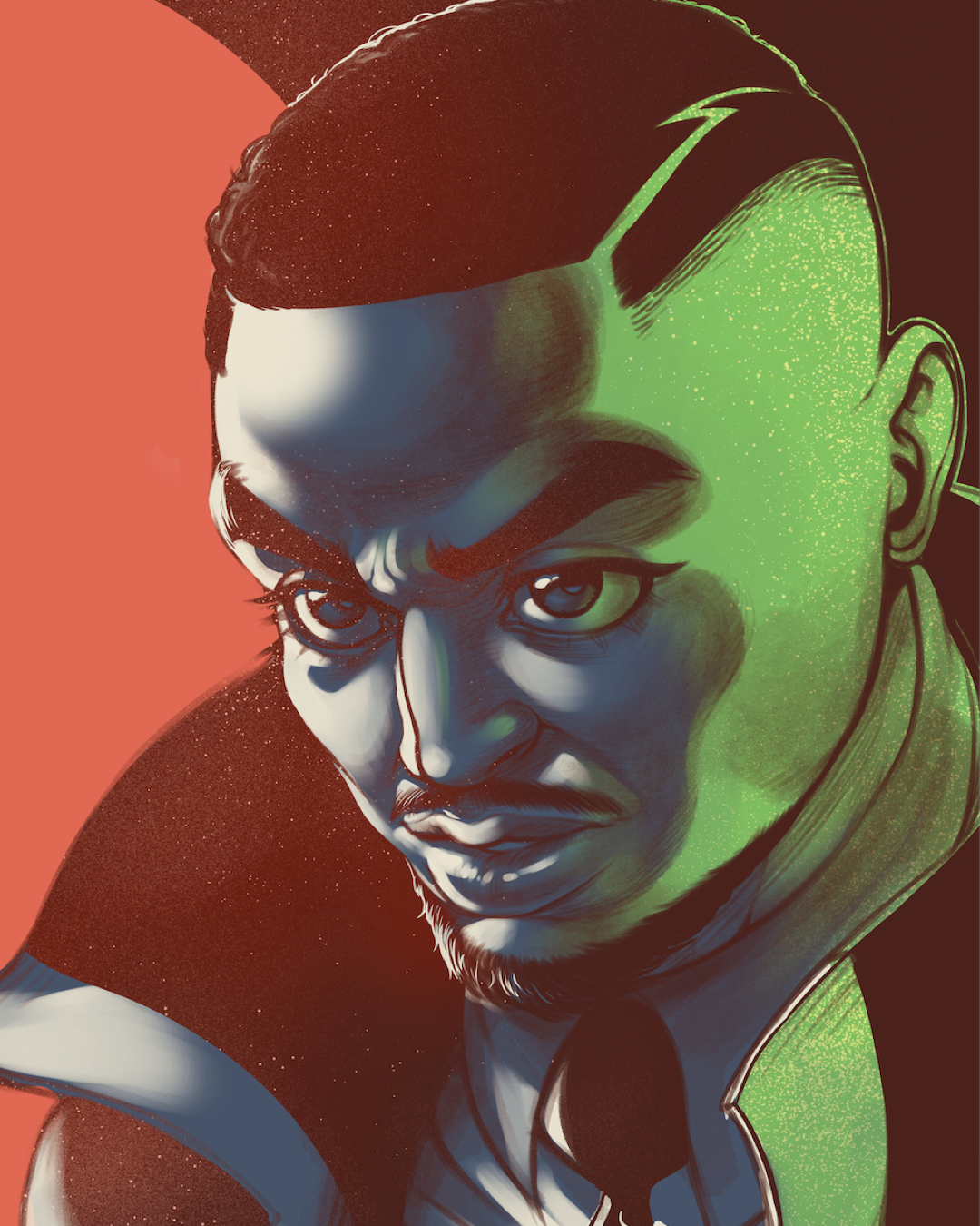 Stylized digital illustration of a man with a serious expression, slicked-back hair, and a mustache, with bold shading and vibrant color contrasts.