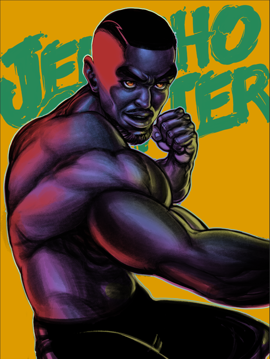 Digital illustration of a muscular man with dark skin, short hair, and a goatee, in a fighting pose with a clenched fist, against a yellow background with green text reading "JETTO HITTER".