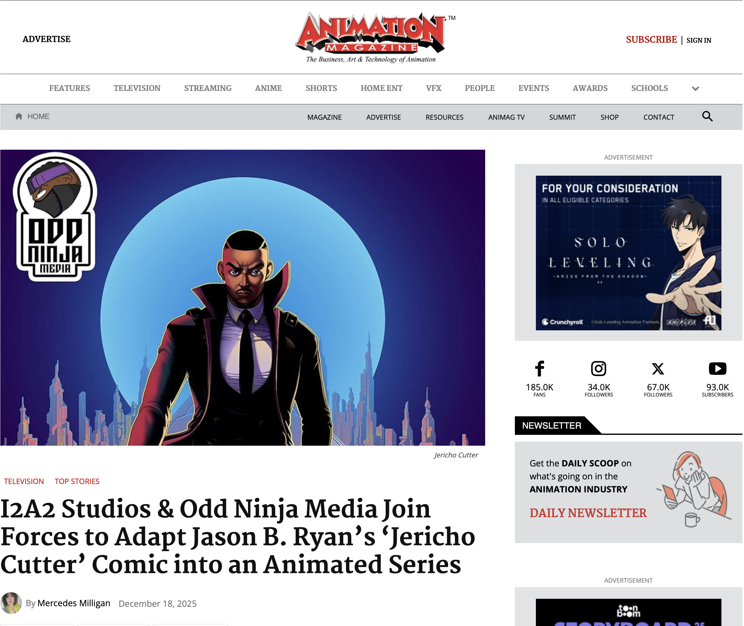 A digital illustration of a serious man with short dark hair, wearing a black suit, white shirt, black tie, and a long black coat with a high collar, standing against a city skyline with tall buildings and a large glowing blue moon in the background.