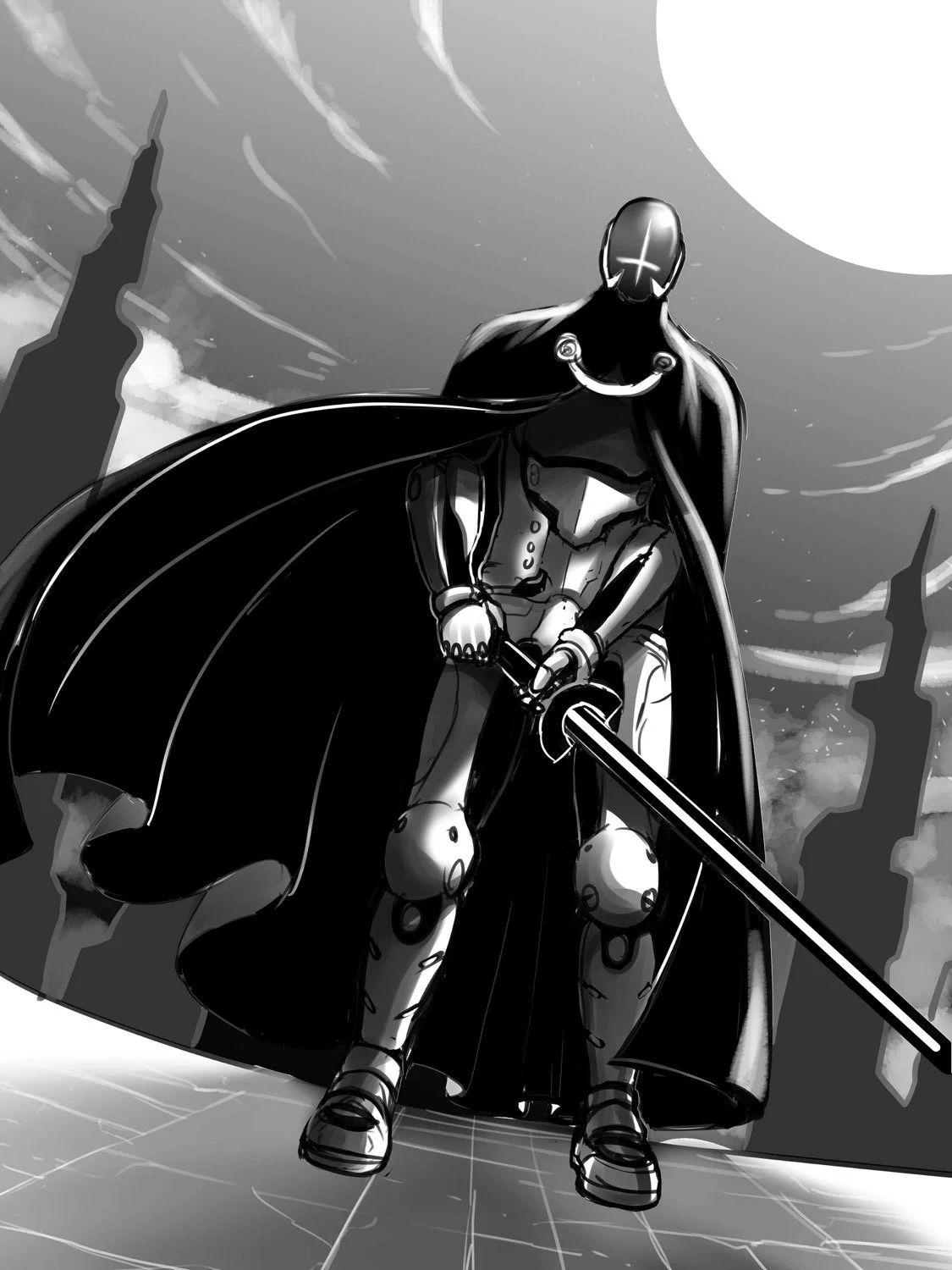 A black and white digital illustration of a futuristic warrior with robotic limbs, wearing a cape and helmet with a cross-shaped visor, holding a sword, standing on a city rooftop under a large moon.