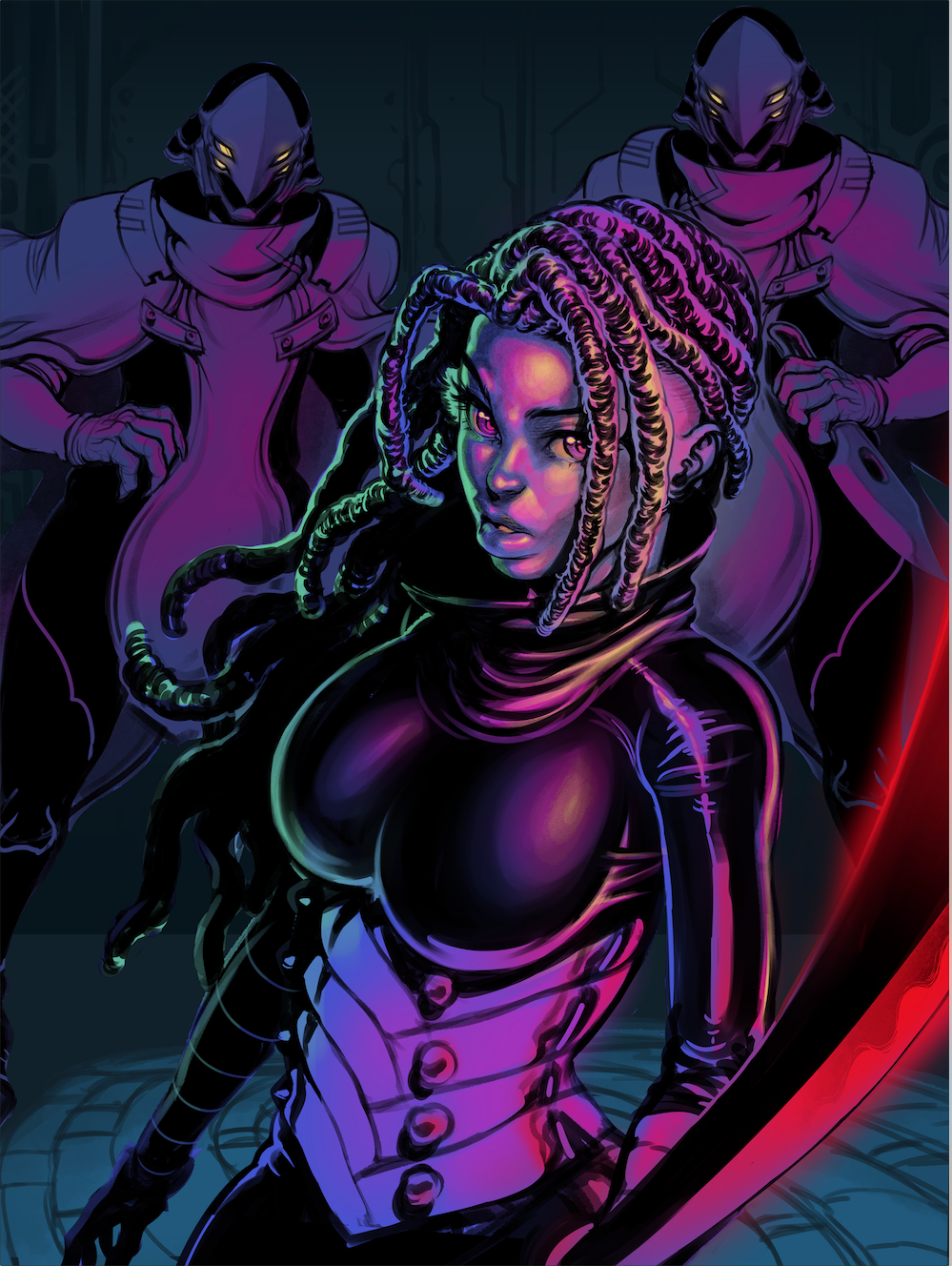 Futuristic female with intricate braided hair and glowing eyes, flanked by two masked soldiers in dark armor, sci-fi setting