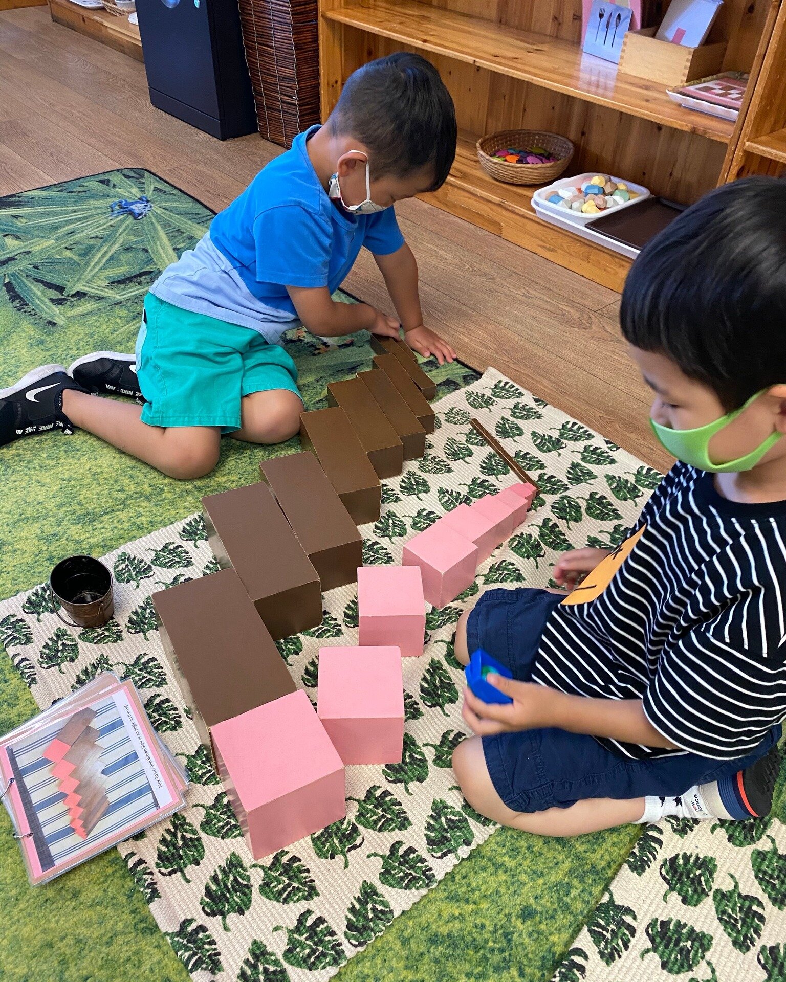 The Montessori pink tower and brown stairs are great for visual acuity. Students learn to distinguish the different sizes and practice sequencing the blocks. They can inspect the weight, length and width of the blocks.

#montessorimaterial #pinktower