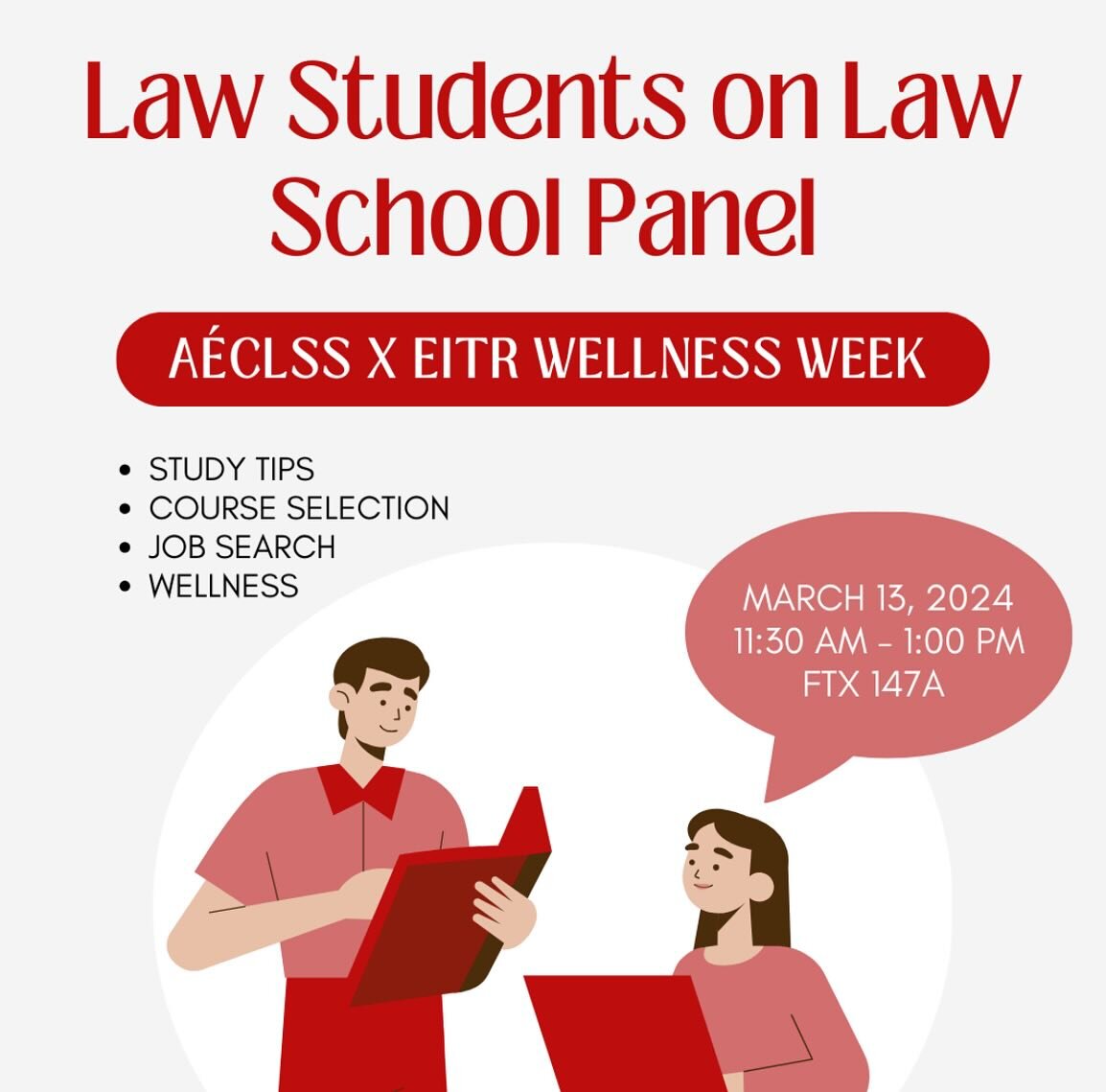 Don&rsquo;t miss our Law Students on Law School Panel on Wednesday, March 13th, from 11:30 to 1:00! ⚖️🎤📚

Join us for an informative session featuring an informal panel Q&amp;A with 1L students, followed by an open forum discussion covering study t
