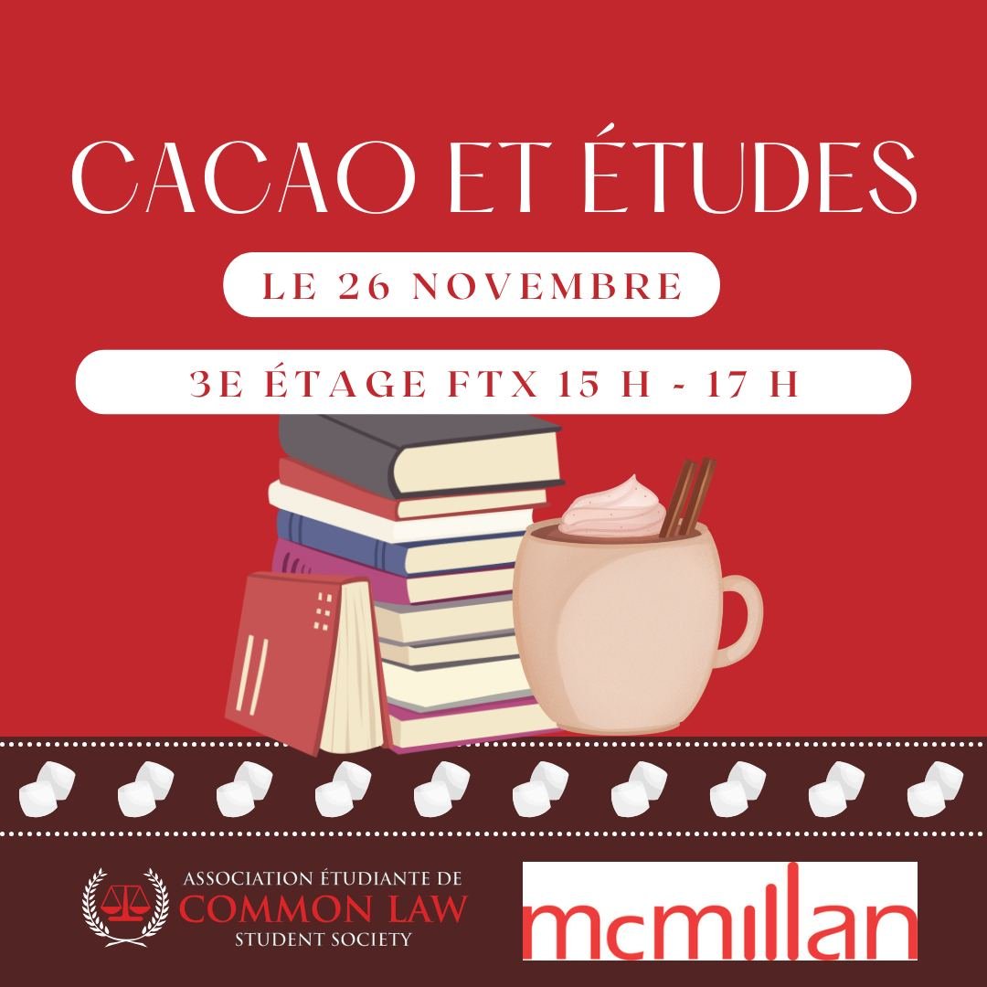 En route pour la biblioth&egrave;que ? Passez prendre des collations, des boissons et &ndash; bien s&ucirc;r &ndash; du chocolat chaud pour alimenter vos &eacute;tudes ! 
 
Quand : Mardi 26 novembre de 15 h &agrave; 17 h (ou jusqu'&agrave; &eacute;pu