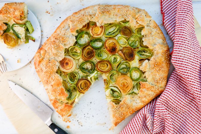 Spring Leek and Asparagus Galette with Roasted Garlic and Lemon Ricotta