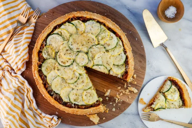 Summer Squash and Tomato Tart with Caramelized Onions and Gruyere Cheese