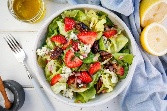 Butterhead Lettuce and Strawberry Saladwith Blue Cheese and Candied Pecans