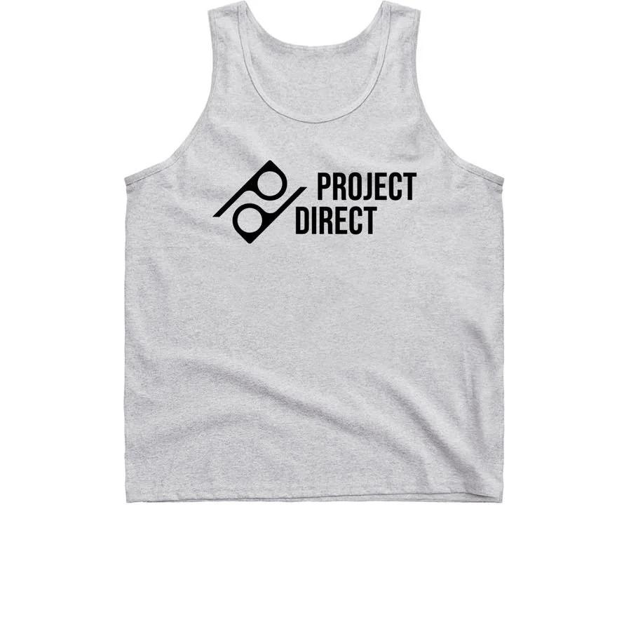 Gray sleeveless tank top with a black logo and the text "PROJECT DIRECT" printed on the front