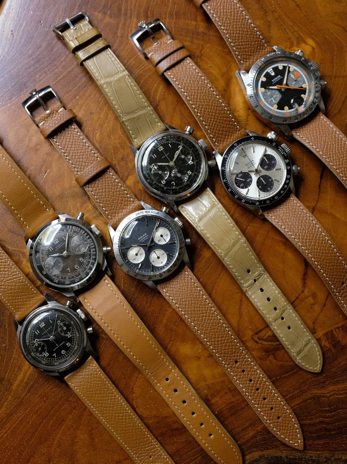 I guess I&rsquo;ve got a thing for tan straps 🤷🏻&zwj;♂️

-1940s Gallet MultiChron 30
-1940s Doxa Valjoux 22 Spillman 
-1964 Rolex Daytona 6239
-1960s Gallet MultiChron 12
-1973 Rolex Daytona 6263
-1971 Tudor Black Homeplate 7032/0