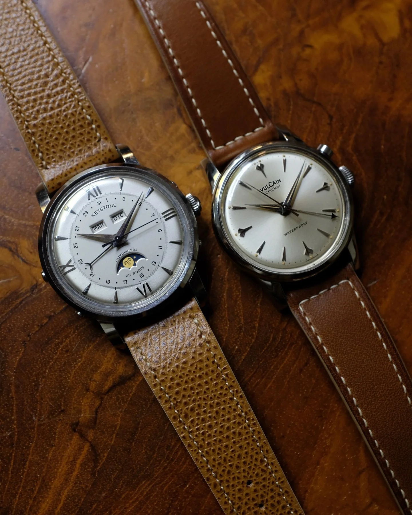 A couple of lovely watches from the 50s with a little something extra. 

-1950s Keystone Triple Calendar Moonphase 602
-1950s Vulcain Cricket Alarm