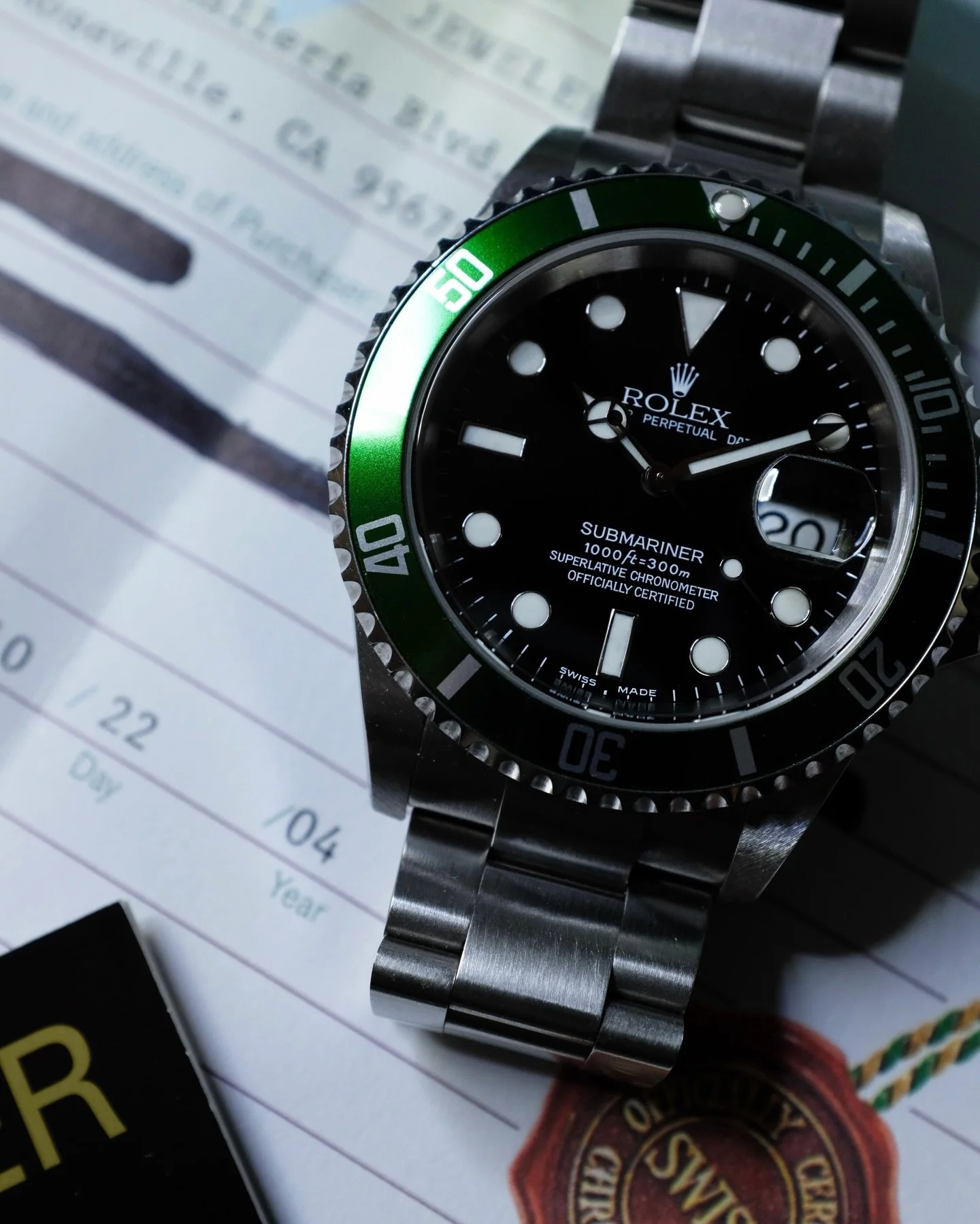 Only worn one time for a groom&rsquo;s wedding then put in the safe never to be worn again until you take it from me. 

-Rolex 50th Anniversary &ldquo;Kermit&rdquo; Submariner complete set sold 10.22.2004. Visit the site for details.