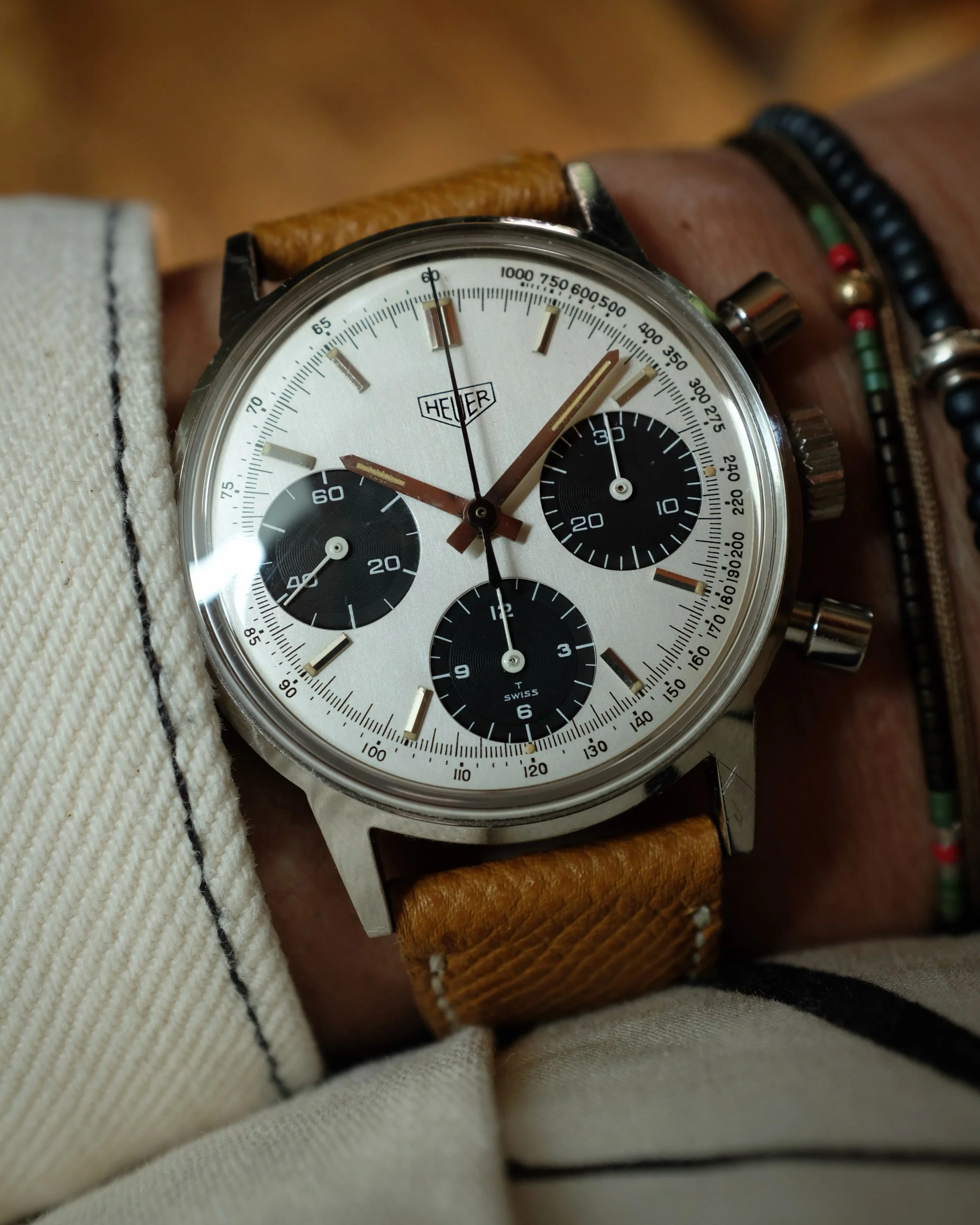 A minty Heuer panda chrono on a tan leather strap is easily a 10 on the attractiveness scale. 

-1970s Heuer Chronograph 73623SN