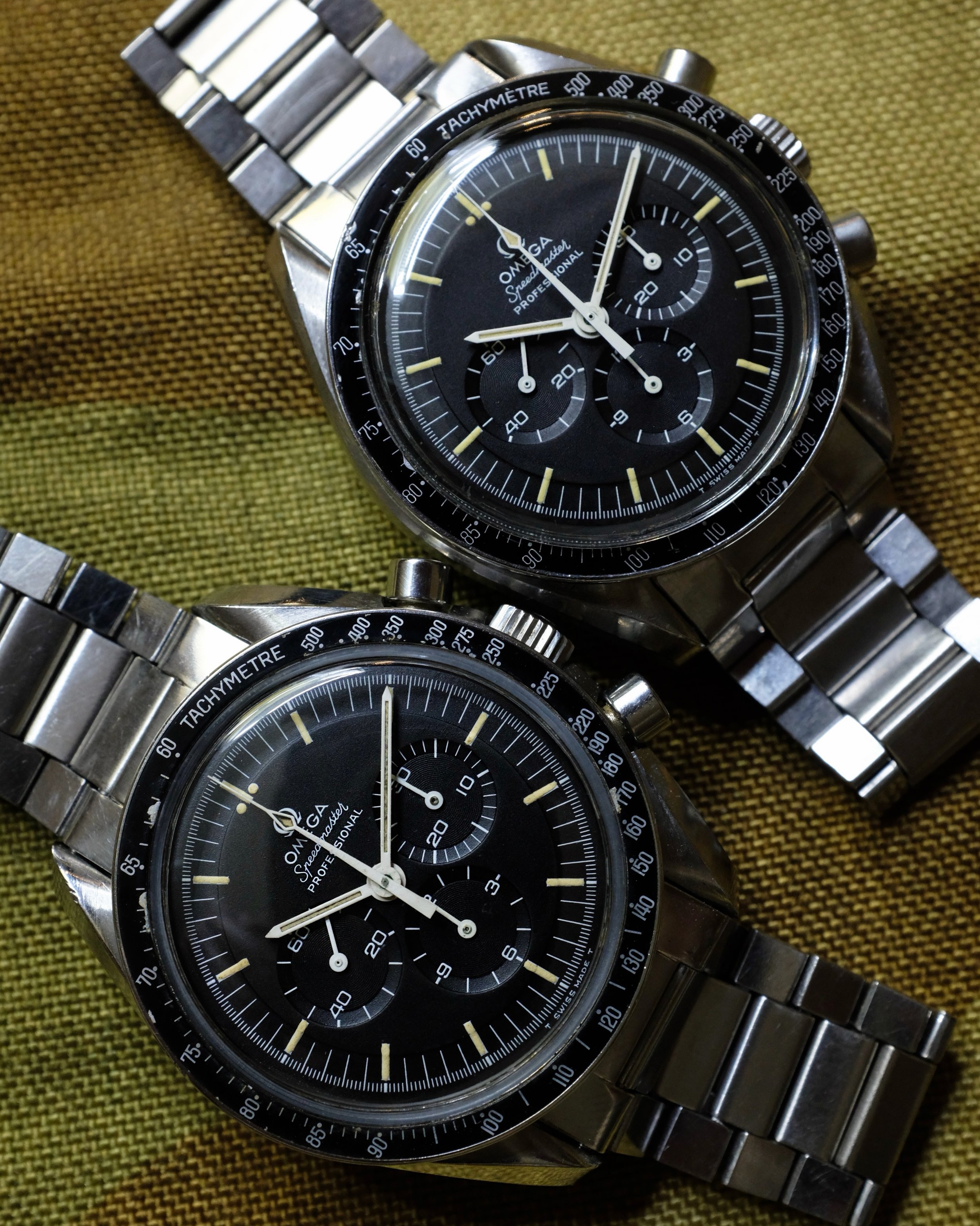 A couple of old Speedmasters, both in what I consider perfect vintage condition meaning the dial and hands are untouched, the lume has aged to a warm tone, the case is worn but sharp and the bracelet is still tight.  It&rsquo;s like when you see some