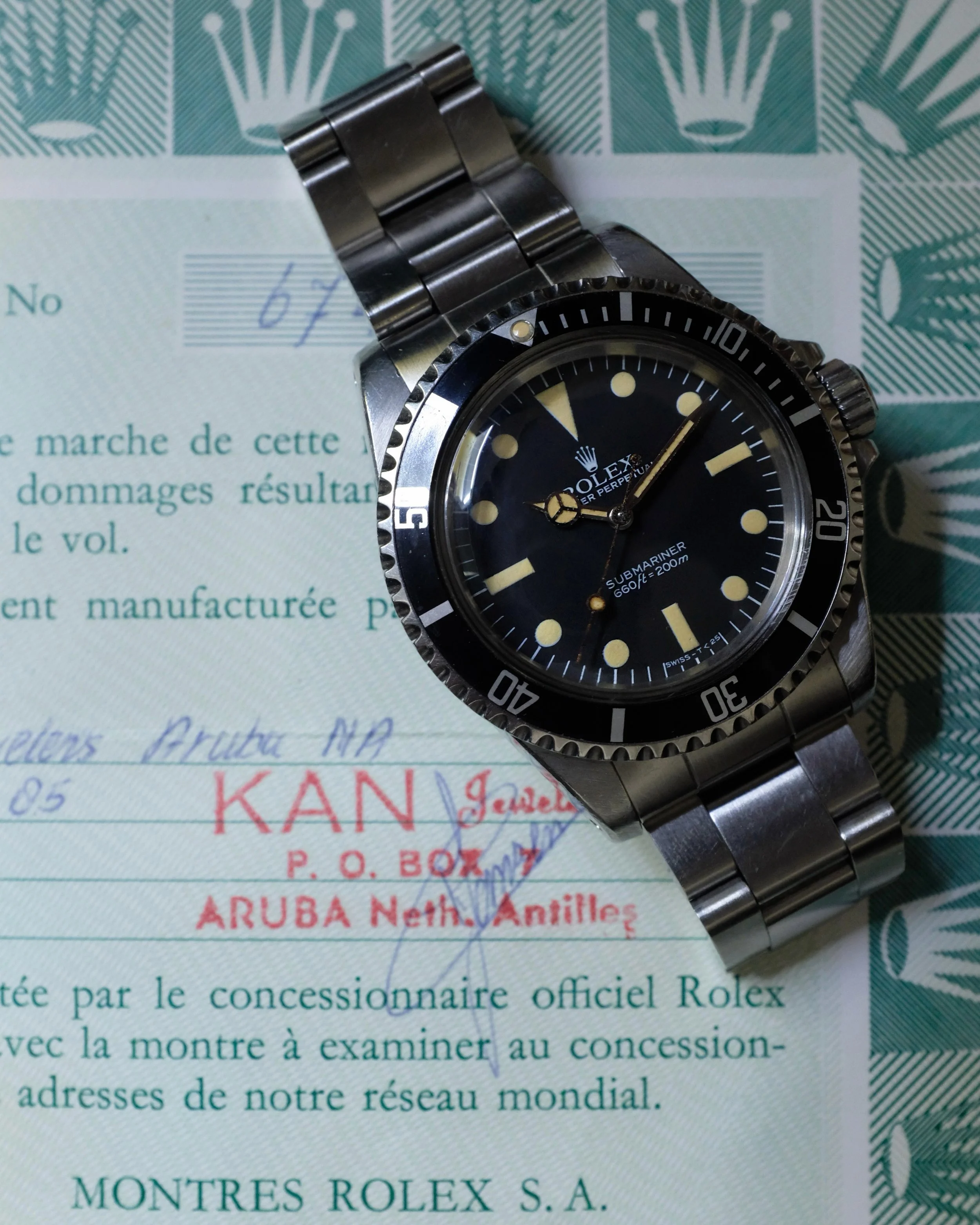 A Rolex Submariner 5513 is not a rare watch, but you might search forever to try to find one that looks like this, especially with the accessories. 

-1981 Rolex Submariner 5513 w/ box and papers (sold March 10, 1985)