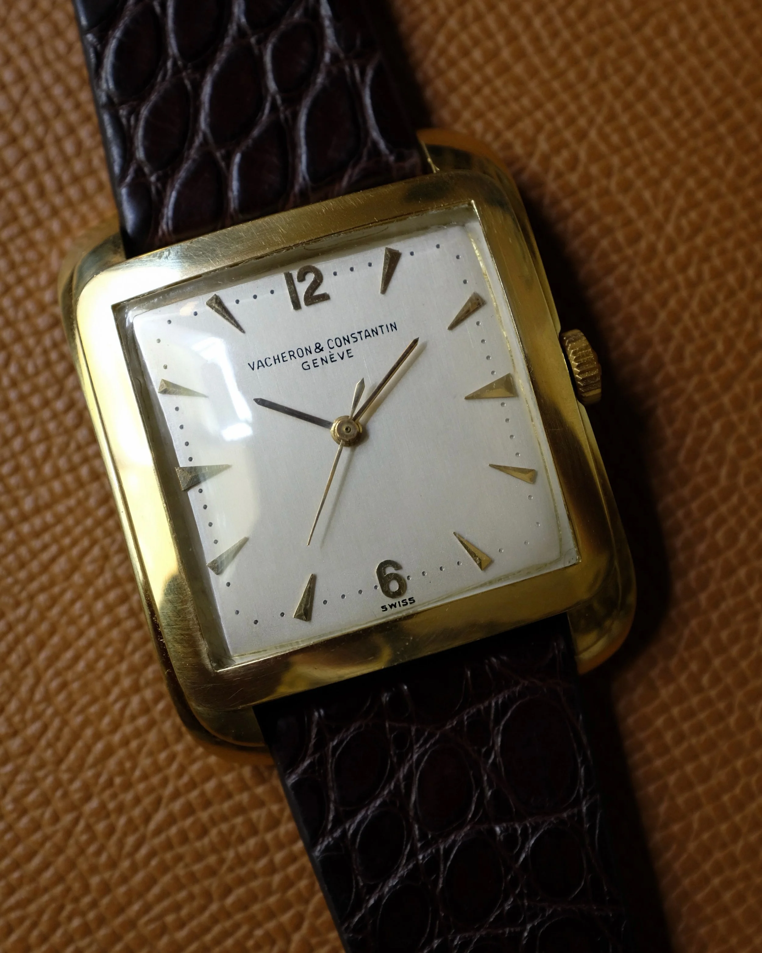 This lovely large hunk of gold is aptly nicknamed &ldquo;Cioccolatone&rdquo; because of its glaring resemblance to a square of chocolate. Fortunately, it won&rsquo;t melt in the sun. 

-1950s Vacheron Constantin 4737 &ldquo;Cioccolatone&rdquo; in 18k