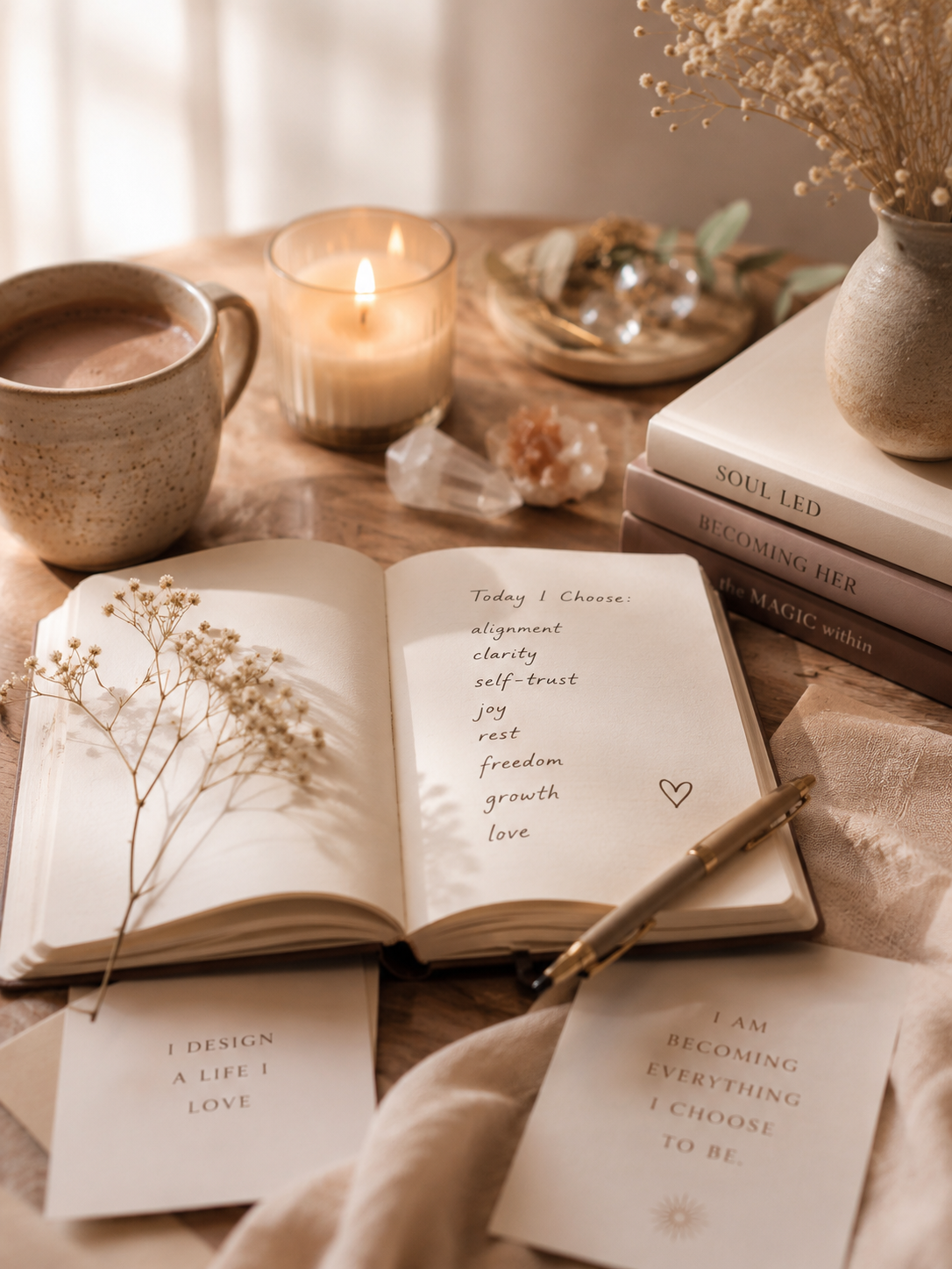 A cozy scene with a lit candle, a mug of hot chocolate, dried flowers in a vase, a stack of books, an open journal with handwritten words, crystals, and inspiring quotes on paper on a wooden table with soft lighting.