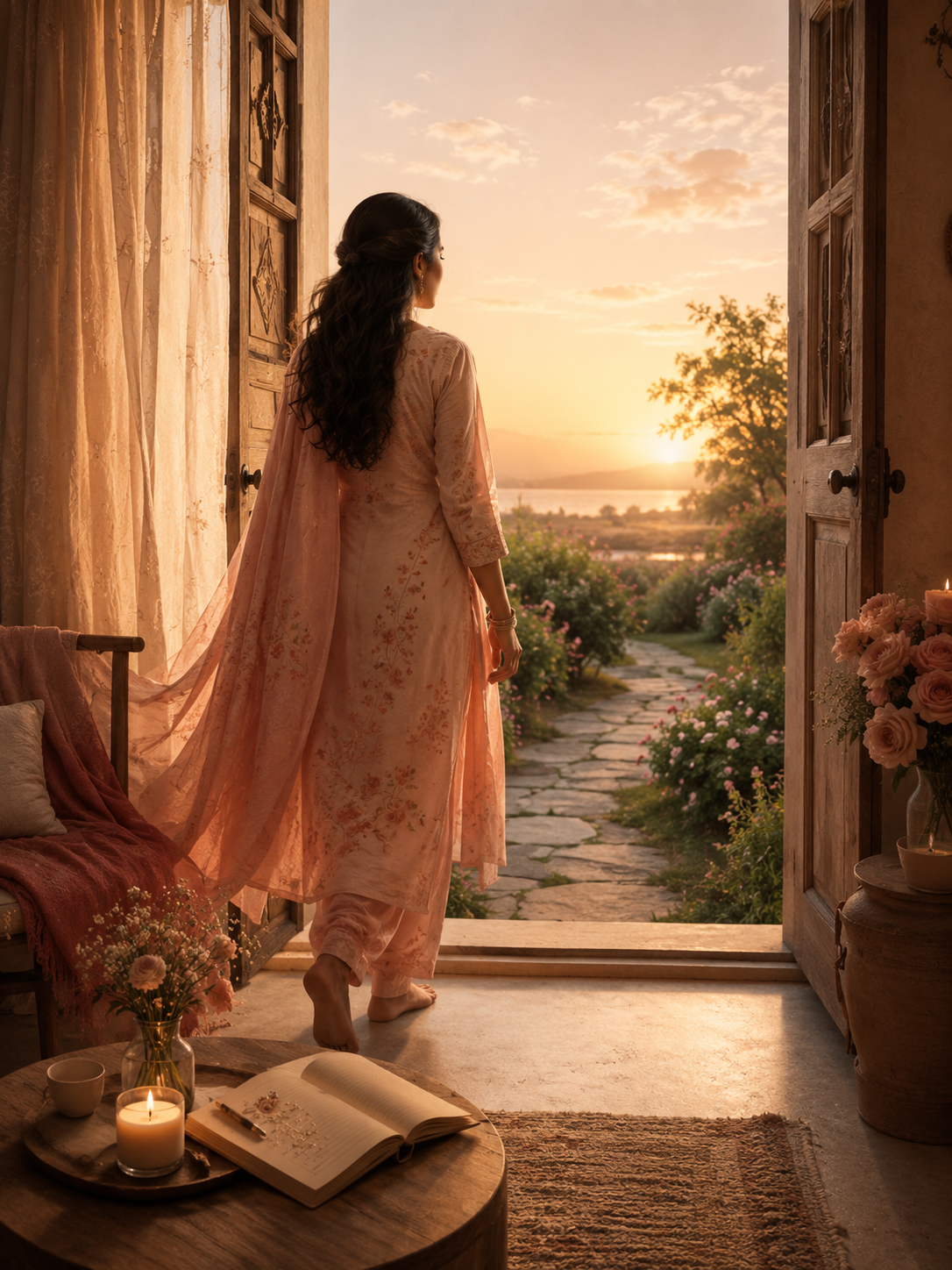 A woman in a traditional light pink dress stands in an open doorway, gazing at a sunset over a garden with a stone path, flowers, and a view of a river or lake in the distance.