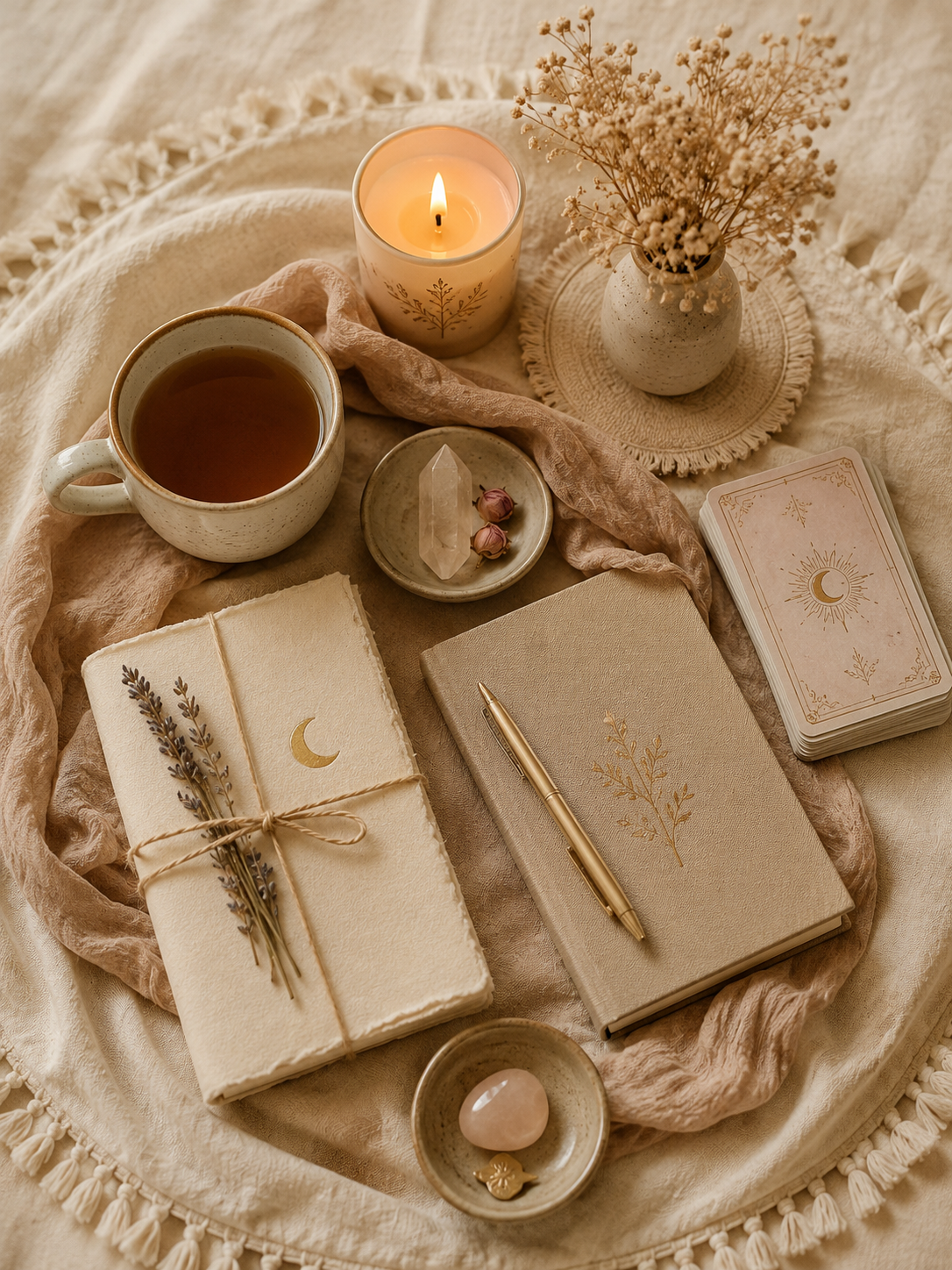 A cozy, aesthetic setup with a cup of tea, a lit candle, dried flowers in a vase, tarot cards, a notebook with a pen, a wrapped bundle with a crescent moon illustration and dried lavender, a small dish with a rose quartz stone, and a pink crystal, all arranged on a soft, textured fabric.