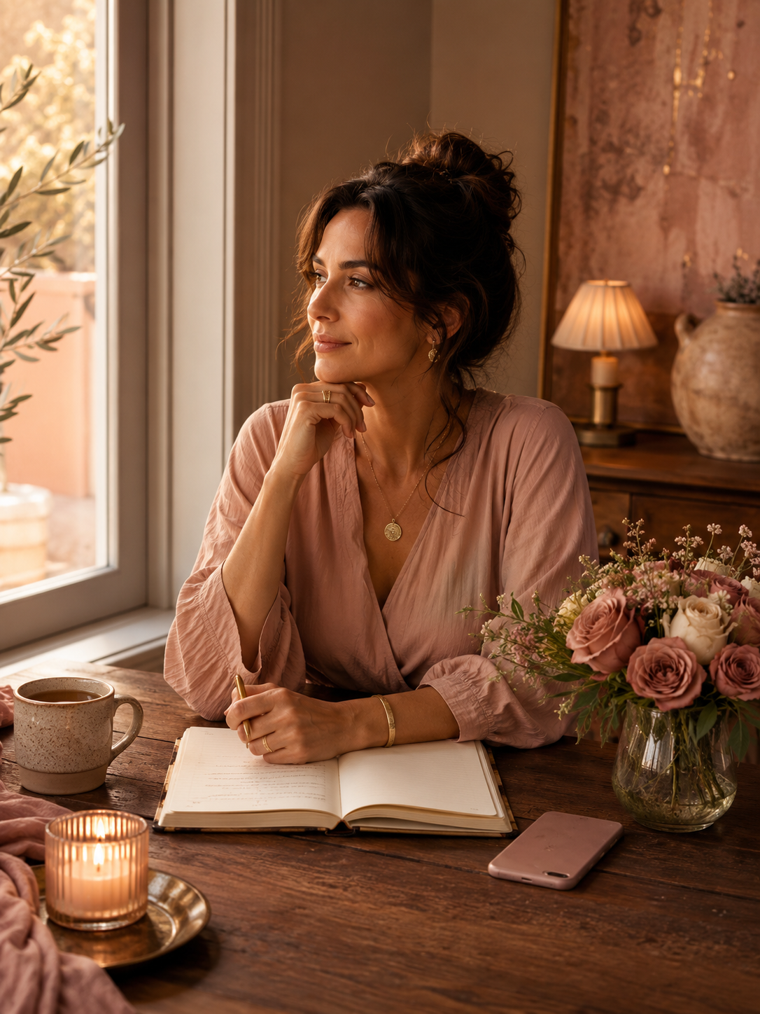 A woman sitting at a wooden table near a window, looking outside thoughtfully. She has dark, wavy hair in a messy bun and is wearing a pink blouse, a necklace, and a bracelet. On the table, there is a mug, an open notebook with a pen, a smartphone, a lit candle, and a vase of pink and white roses. The background features a lamp, a large ceramic vase, and a textured wall.