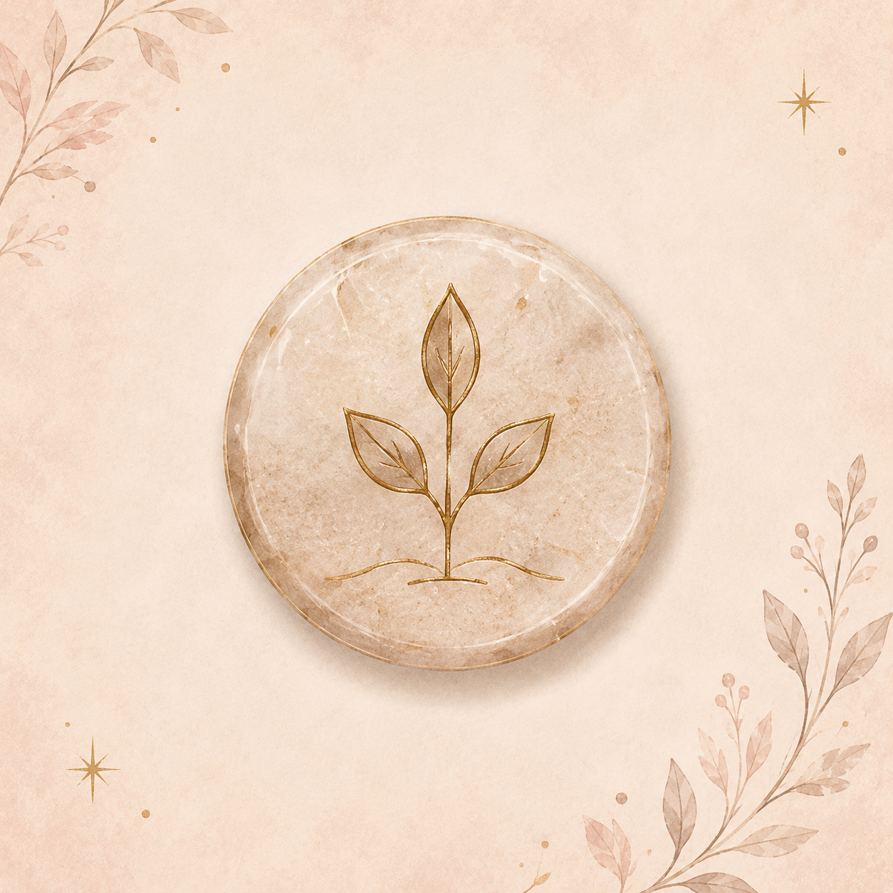 A round, beige marble soap dish with a metallic gold outline of a plant with three leaves. The background includes faint botanical illustrations and gold star accents in a soft pink and beige color palette.