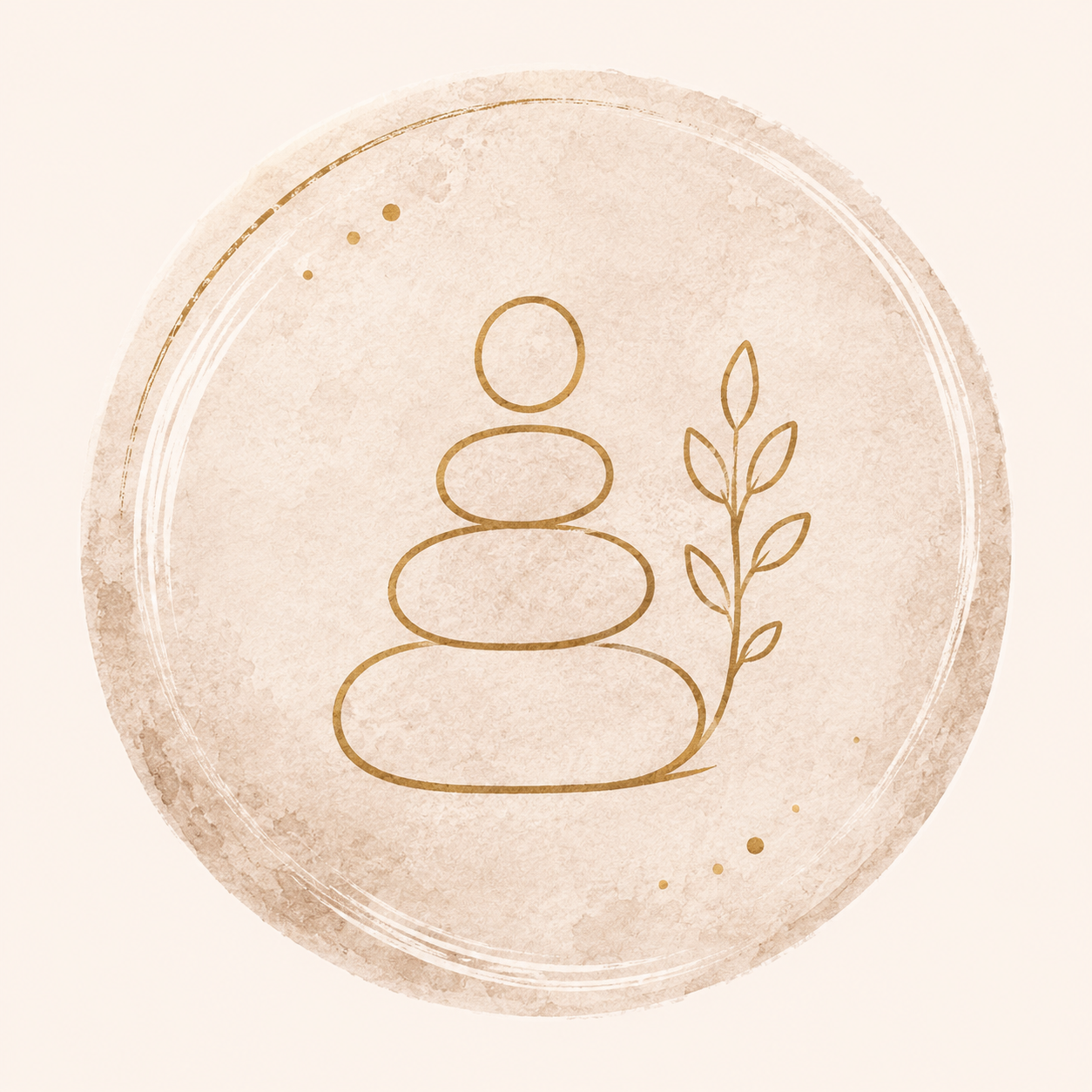Minimalist illustration of a stacked stone tower with a leaf branch on the right, encased in a textured beige circular background.