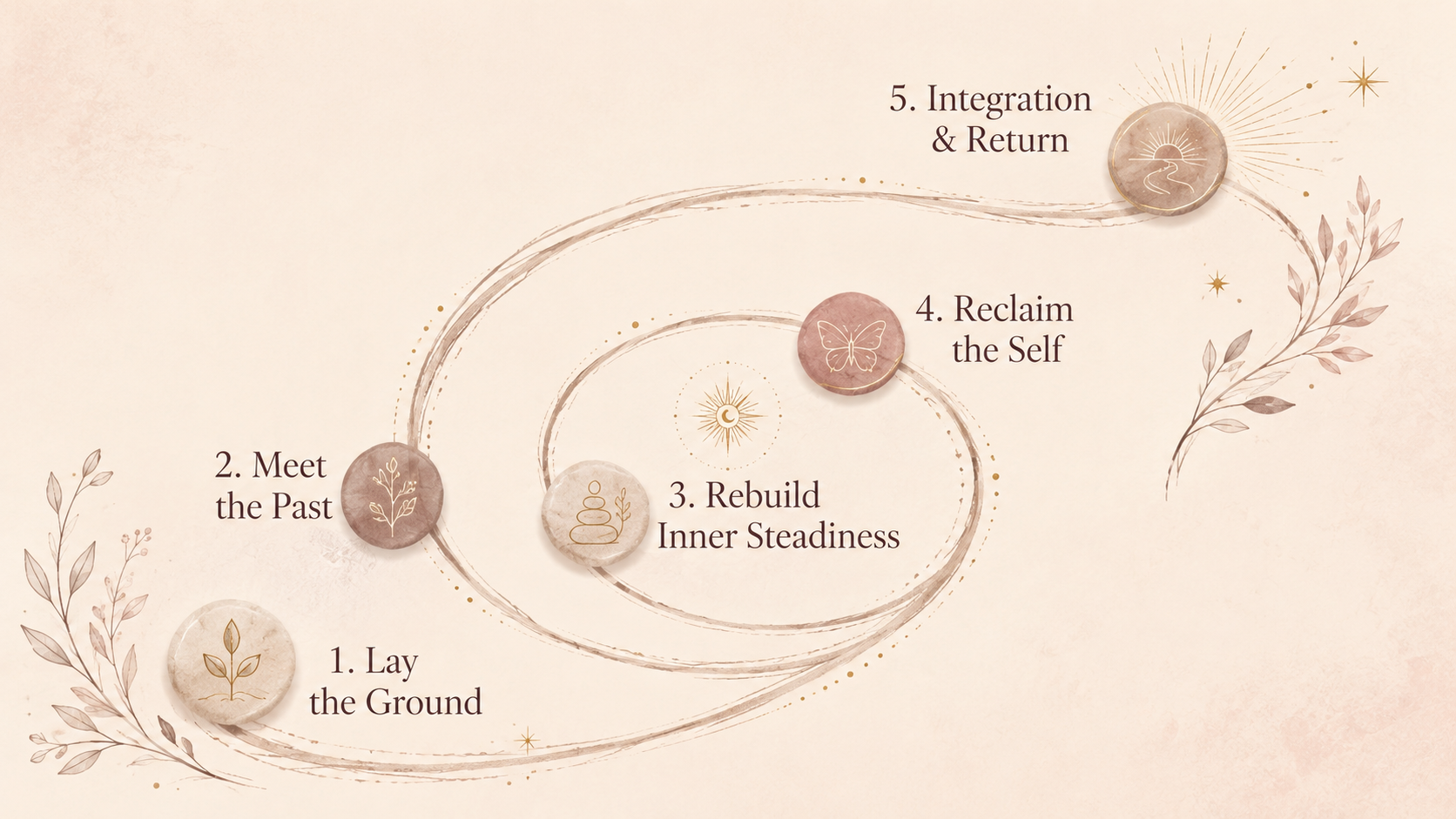 A circular diagram illustrating a five-step process with a soft, earthy color palette and decorative botanical elements. Steps include: 1. Lay the Ground, 2. Meet the Past, 3. Rebuild Inner Steadiness, 4. Reclaim the Self, and 5. Integration & Return.