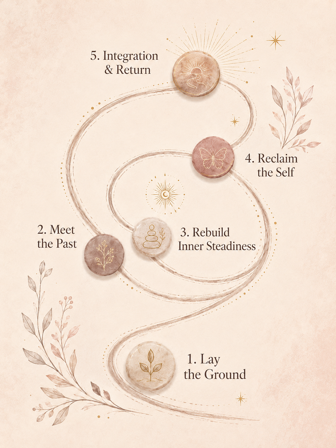 A flowchart titled '5. Integration & Return' illustrating a spiritual or personal growth process with five steps: 1. Lay the Ground, 2. Meet the Past, 3. Rebuild Inner Steadiness, 4. Reclaim the Self, 5. Integration & Return. The chart has decorative elements like a sun, moon, stars, and botanical illustrations with a soft, earthy color palette.