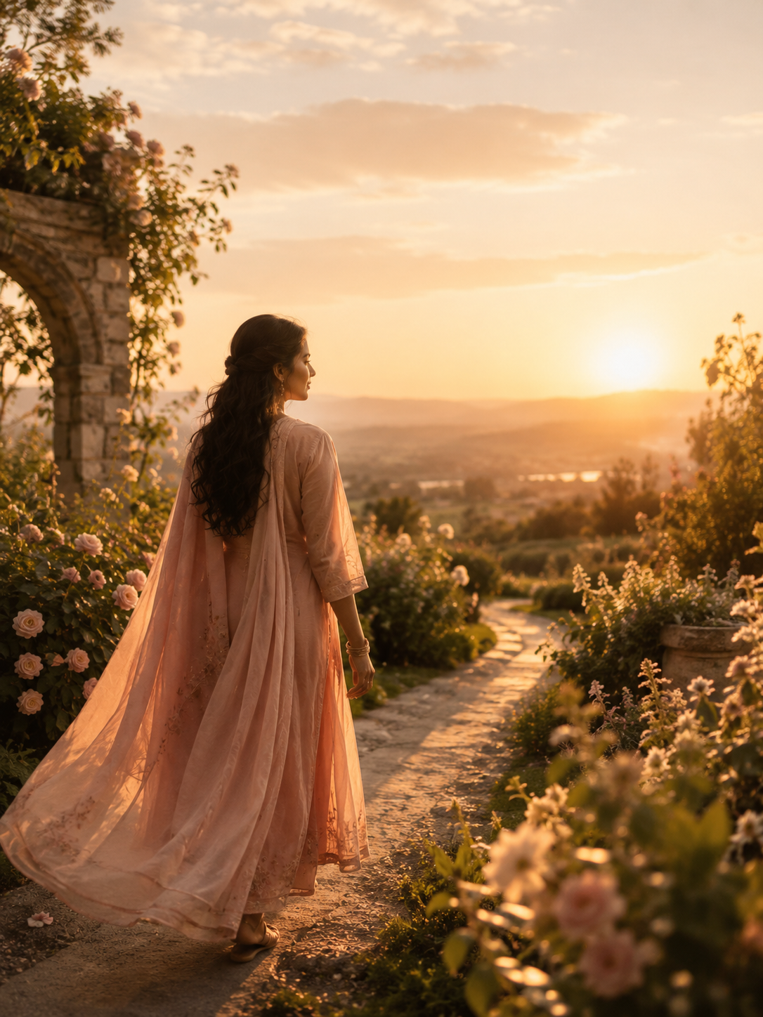A woman in a pastel pink traditional Indian dress walking along a garden path at sunset surrounded by roses and greenery.