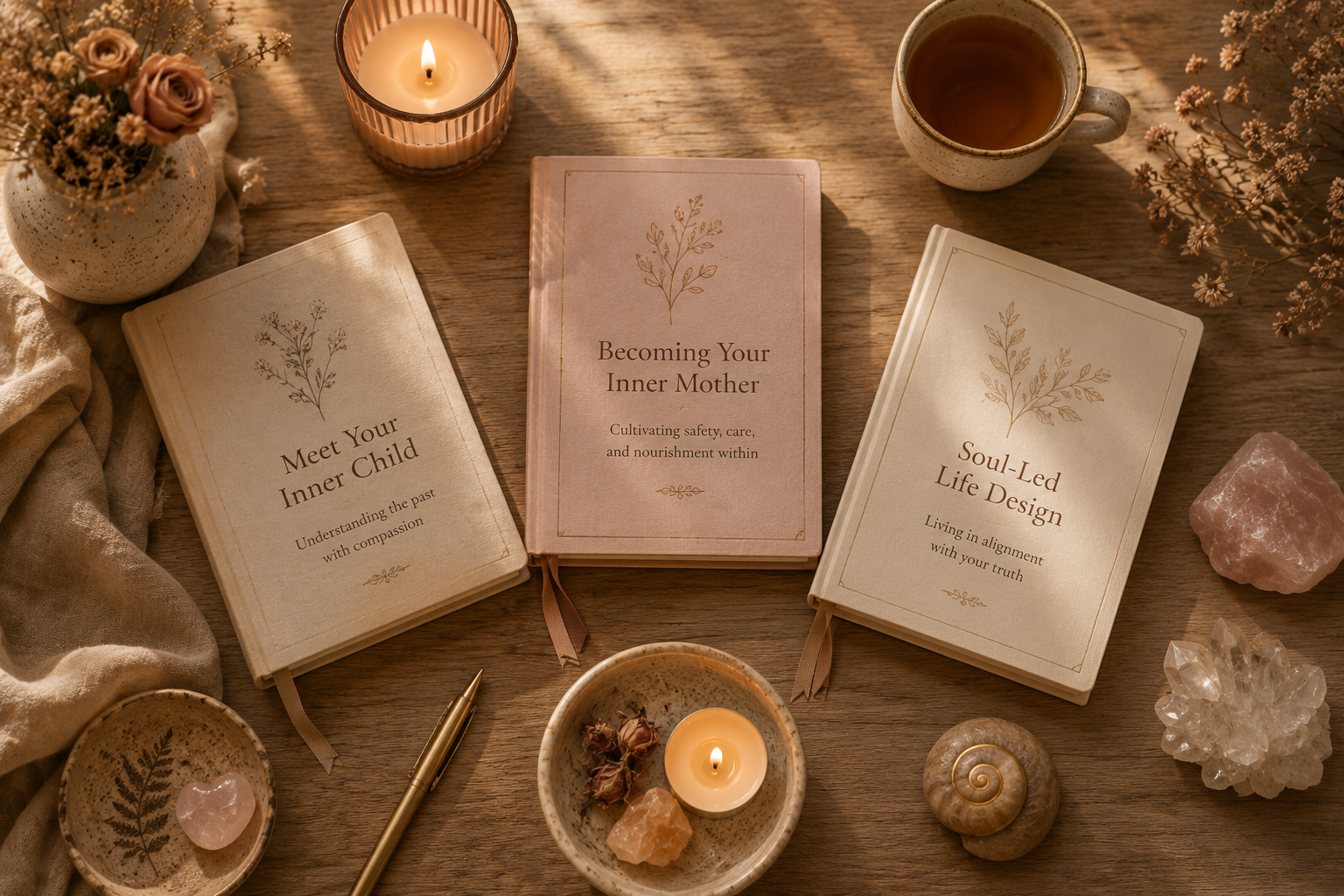 Open books on inner child, inner mother, and soul-led life design surrounded by candles, flowers, crystals, and a pen on a wooden table.