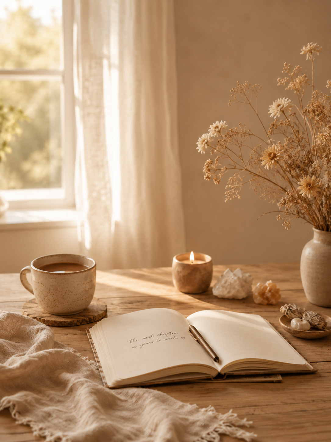 A cozy desk scene with a notebook, a cup of coffee, a lit candle, dried flowers in a vase, and some crystals, bathed in warm natural light.