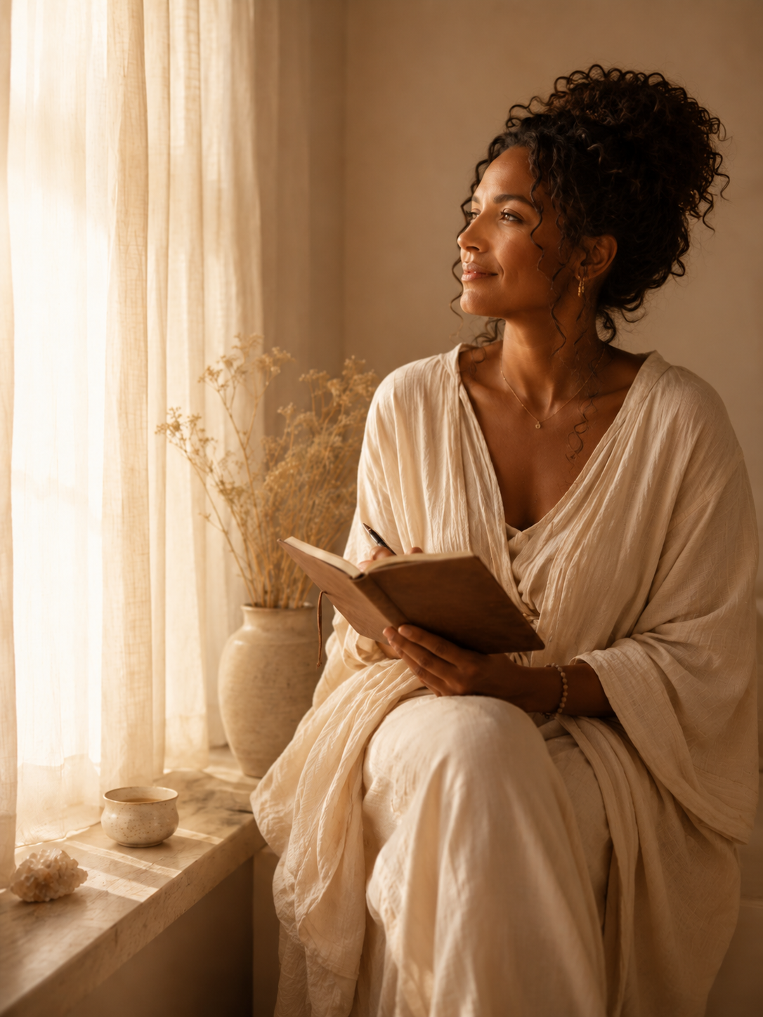 A woman with curly hair and gold earrings sitting by a window, holding a notebook and pen, gazing thoughtfully outside, with dried plants and pottery nearby.
