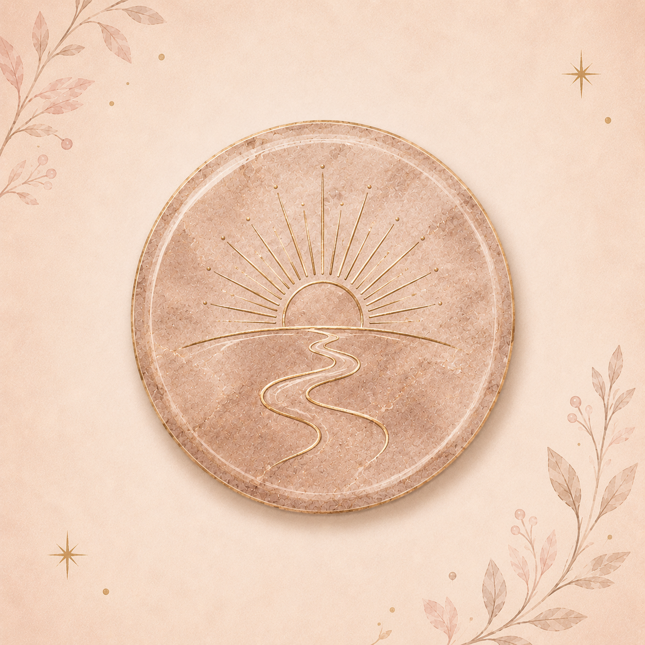 Decorative round plate with a sunset and river design in gold, placed on a pink background with floral accents.