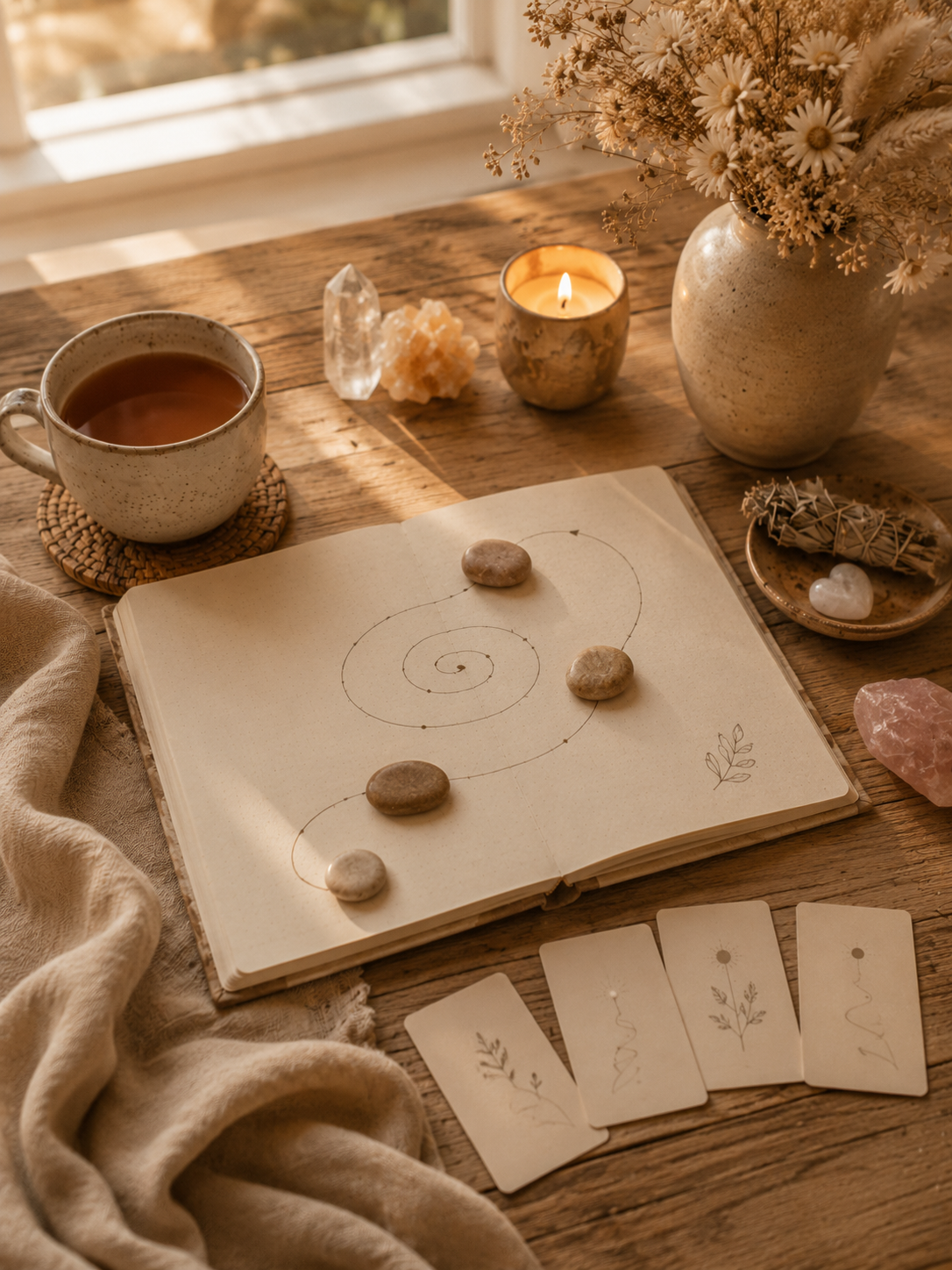 A cozy workspace with a wooden table illuminated by sunlight. The table holds a cup of tea, a lit candle, a vase of white flowers, and a notebook with a spiral galaxy diagram drawn with stones. There are tarot-like cards with botanical and spiral designs, some crystals, a pink gemstone, and a rolled sage bundle. Neutral-colored fabric is draped on the side.