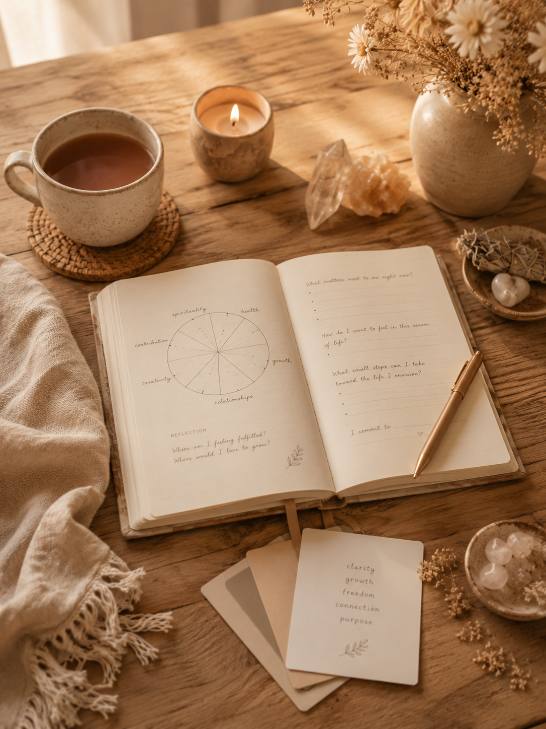 Open journal on a wooden table with handwritten prompts and a diagram, beside a cup of tea, candles, a vase of flowers, cards, and decorative stones, creating a cozy and reflective atmosphere.