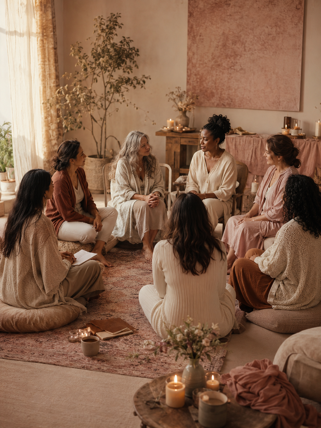 A group of women sitting in a circle in a cozy, softly lit room with candles and plants, engaged in a conversation or discussion.