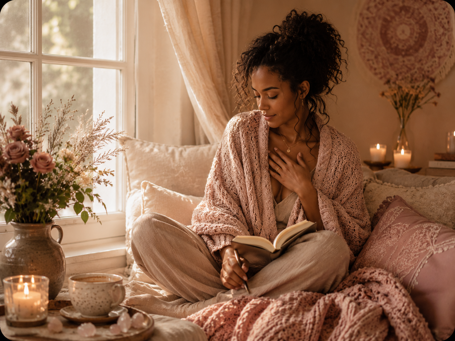 A woman sitting on a cozy bed near a window, reading a book, with candles, flowers, and soft pillows around her in a warmly lit room.