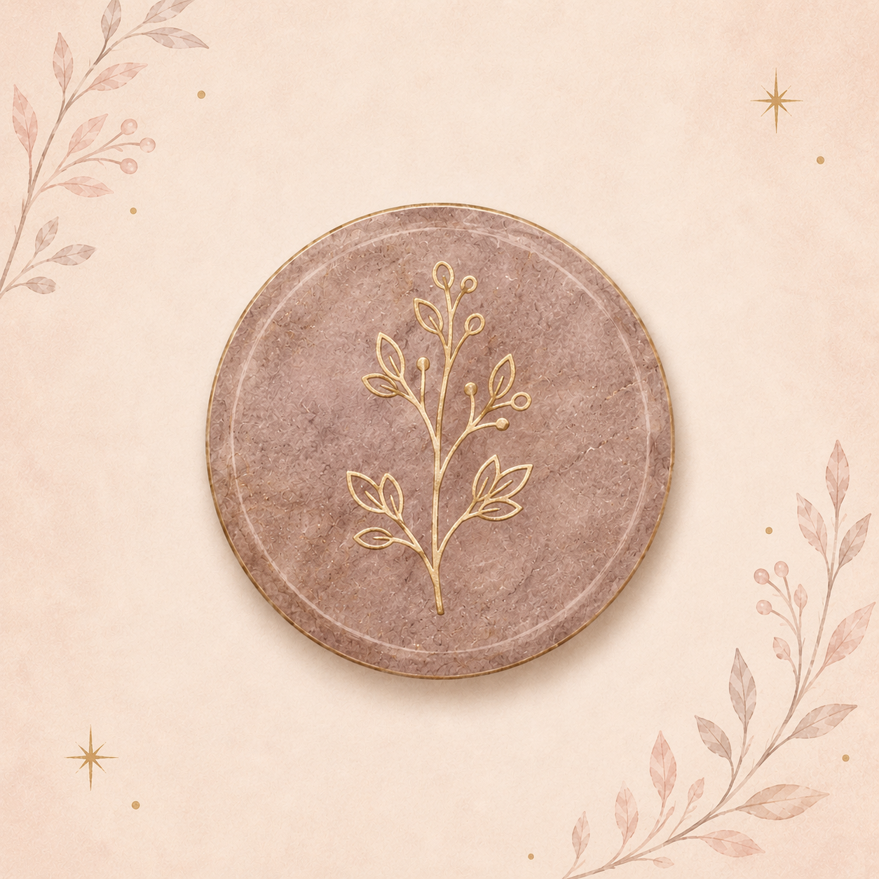 A round pink marble tray with a gold floral design on a beige background with floral and star illustrations.