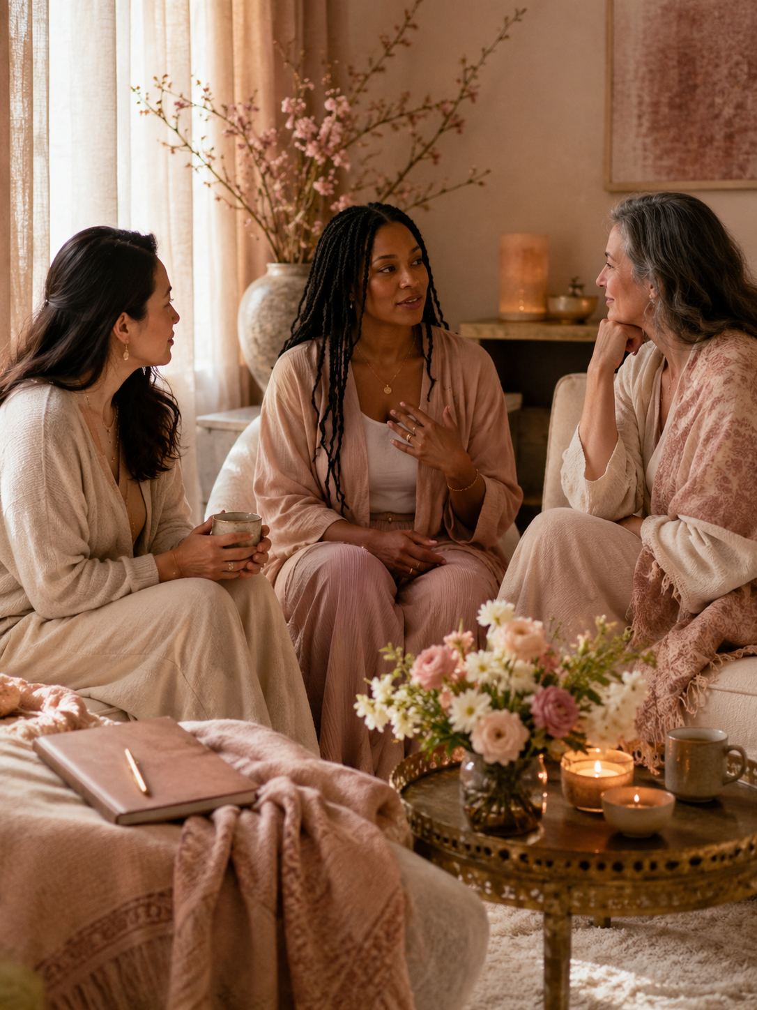 Three women having a conversation in a cozy, softly lit living room. They are seated on a beige sofa, with pink and cream decor, flowers, candles, and a notebook on a nearby table.