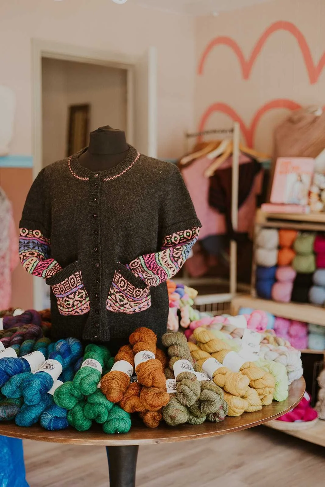 yarn of different colors and yarn button up sweater