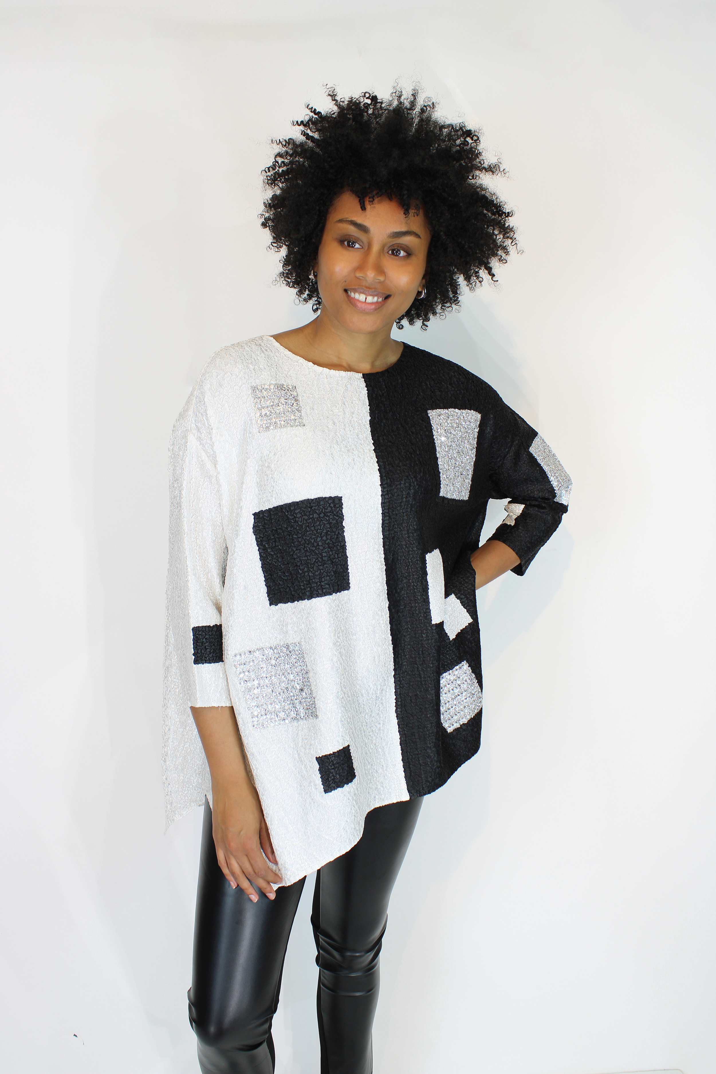 NEW! Color Block Squares Silver & Black Top
