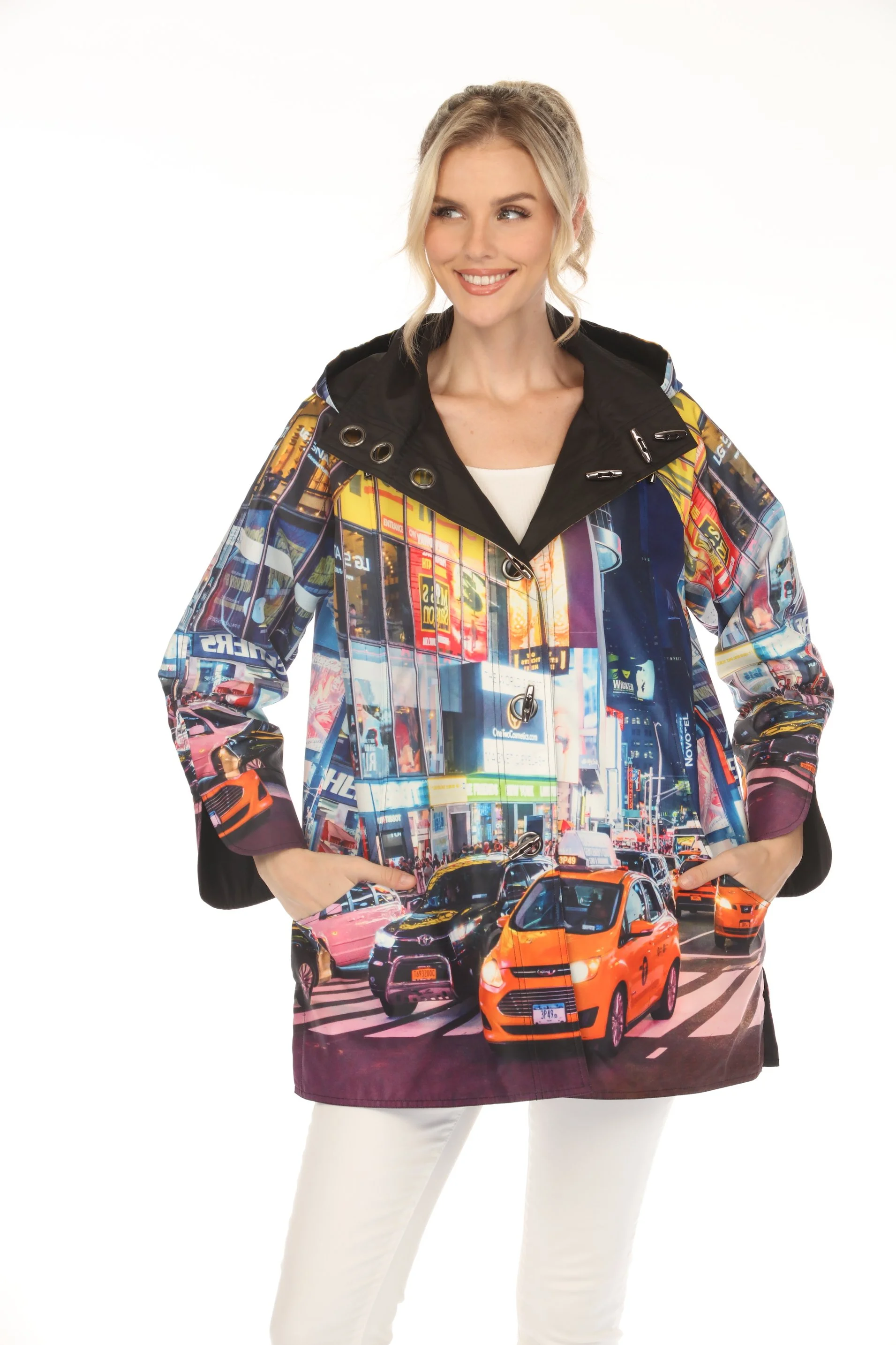 PRE-ORDER! NEW! Time Square Reversible Hooded Raincoat  (Also Available in Plus Size)