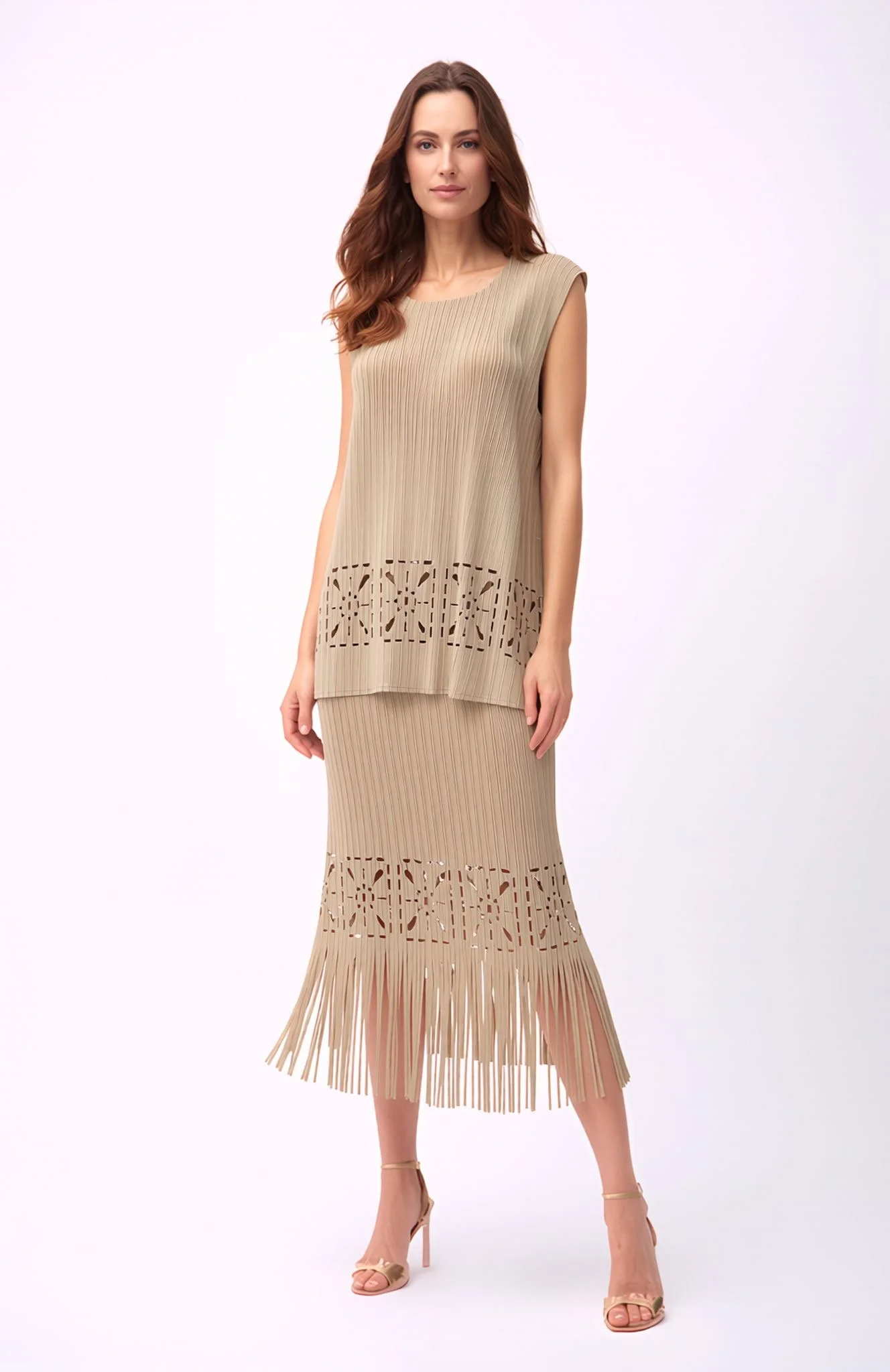 NEW! Pleated Cut Out Top and Skirt Set in Sand