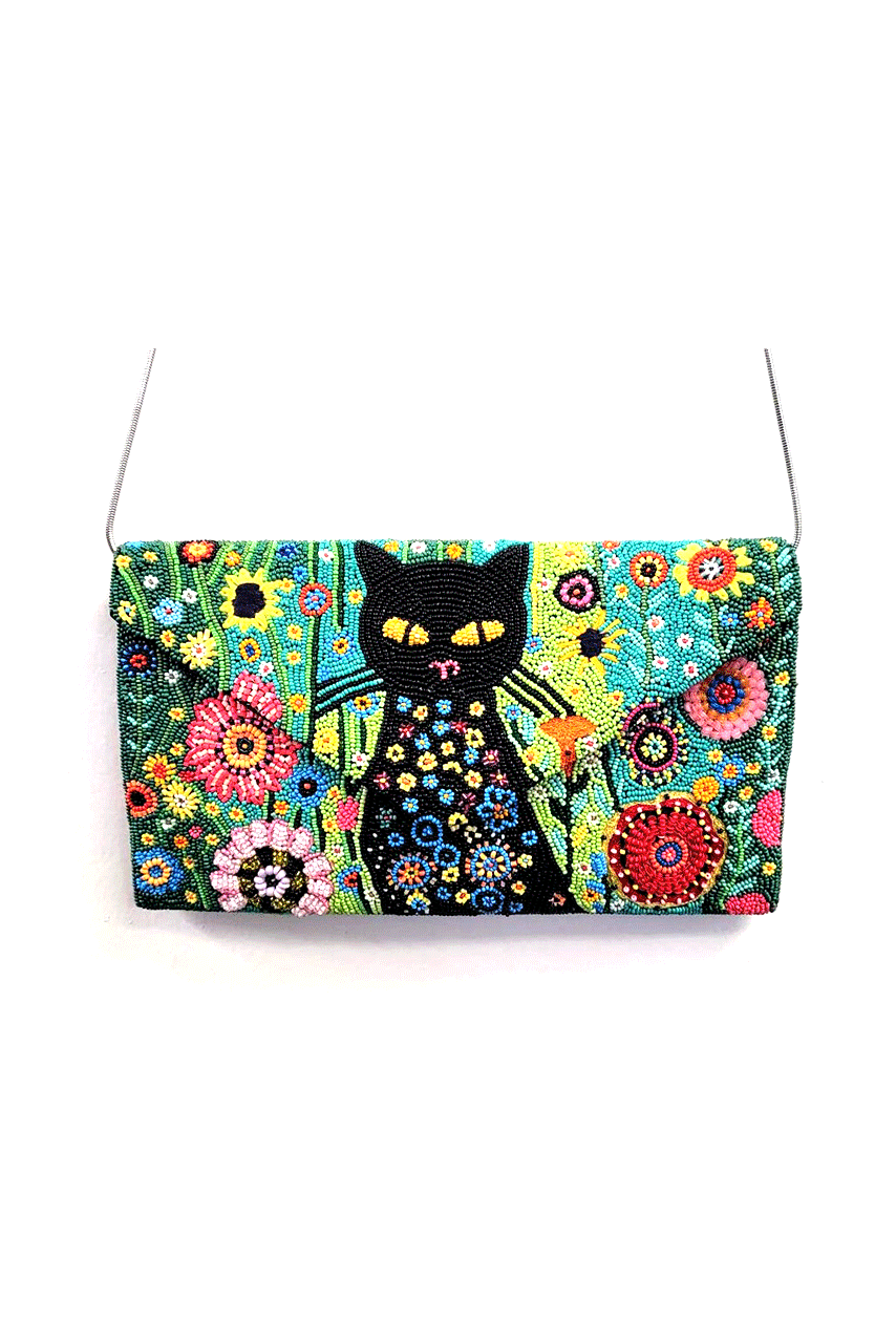 NEW! Black Cat & Flowers Beaded Handbag