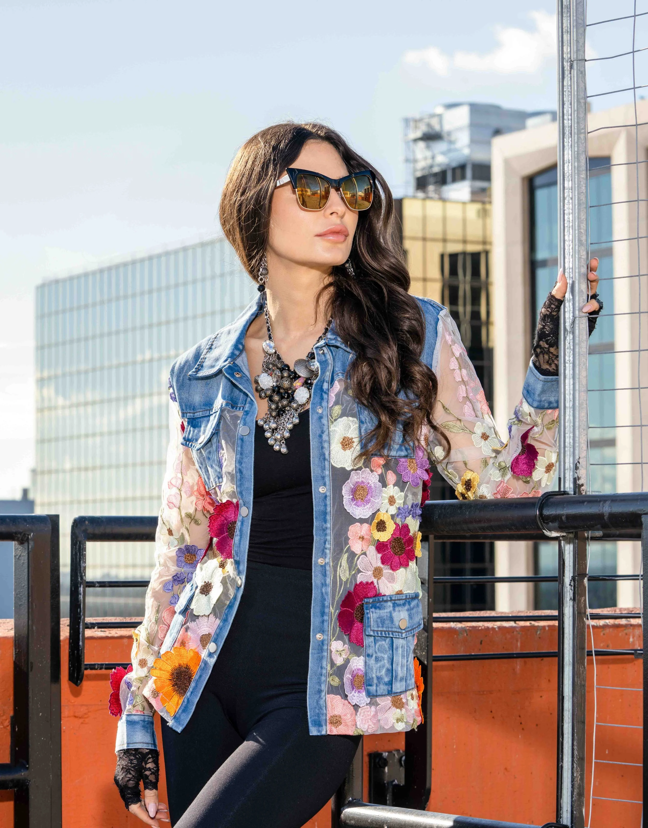 NEW! Denim Trim Floral Mesh Jacket
