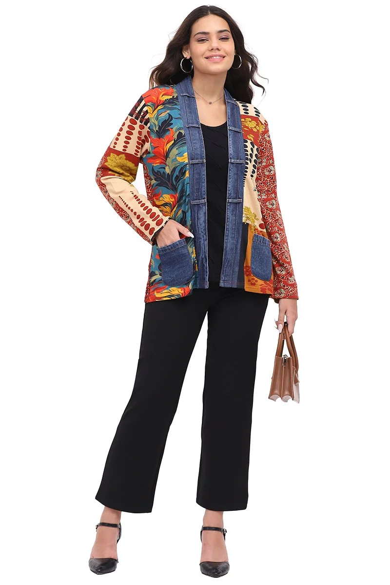 NEW! Denim Trim Print Open Jacket in Rust Combo (Also Available in Plus Size)