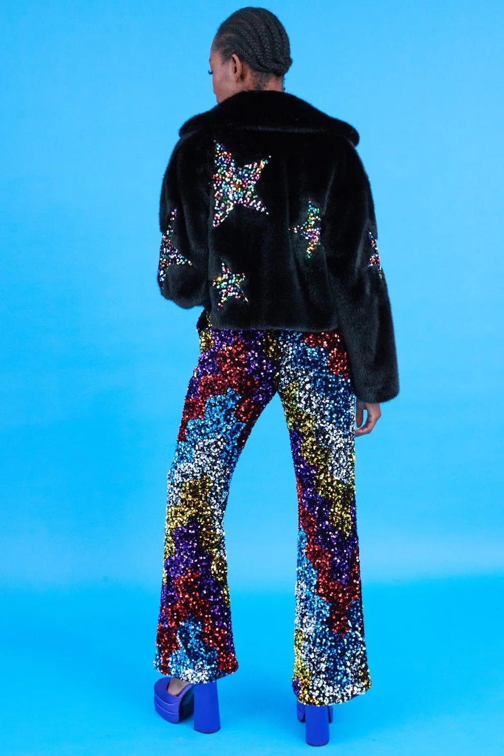NEW! Sequin Stars Faux Fur Jacket