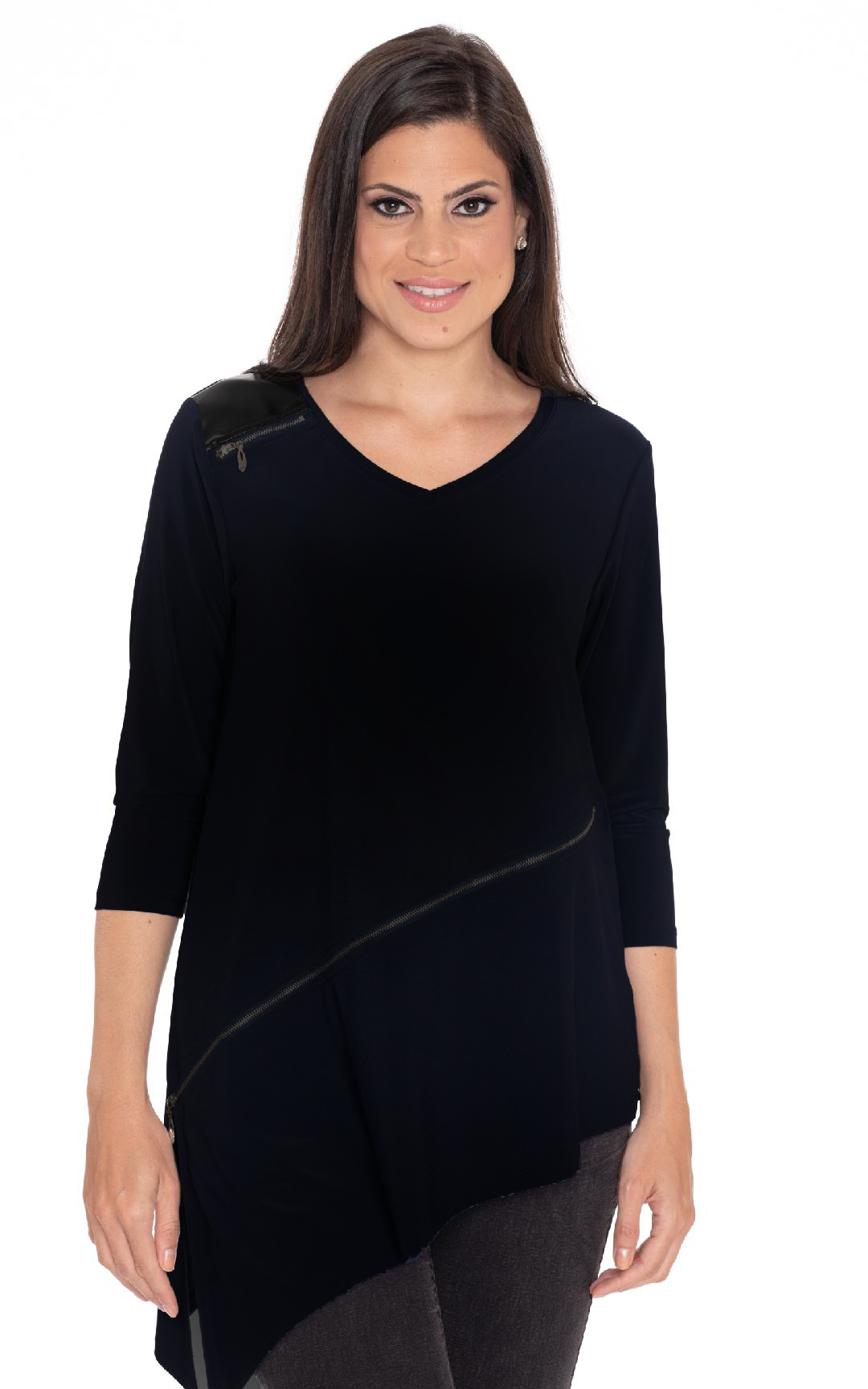 NEW! Vegan Leather Diagonal Zip Trim Top